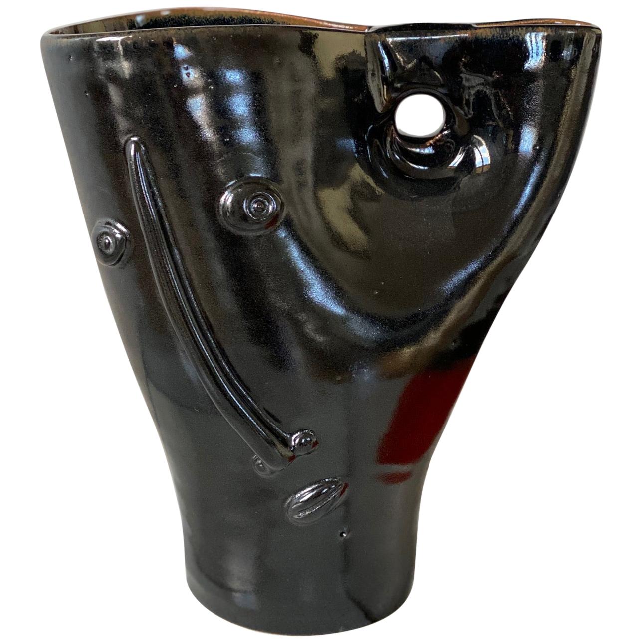 Black Ceramic Sculpture Vase "Virgule Idole" Signed by Dalo