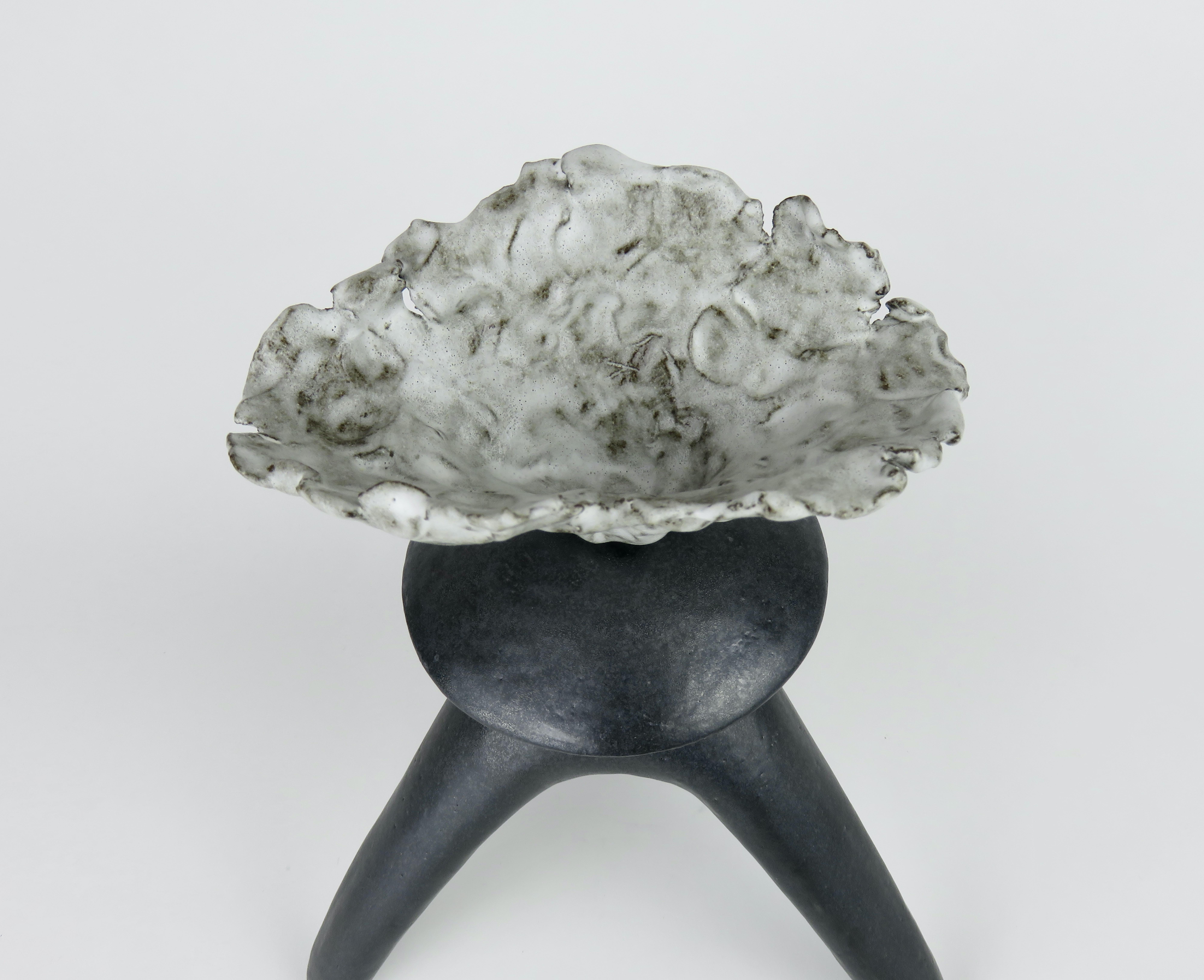 Black Ceramic TOTEM, Center Sphere, White Crinkled Top, Tripod Legs, Hand Built For Sale 4