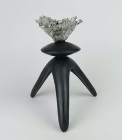 Black Ceramic TOTEM, Center Sphere, White Crinkled Top, Tripod Legs, Hand Built