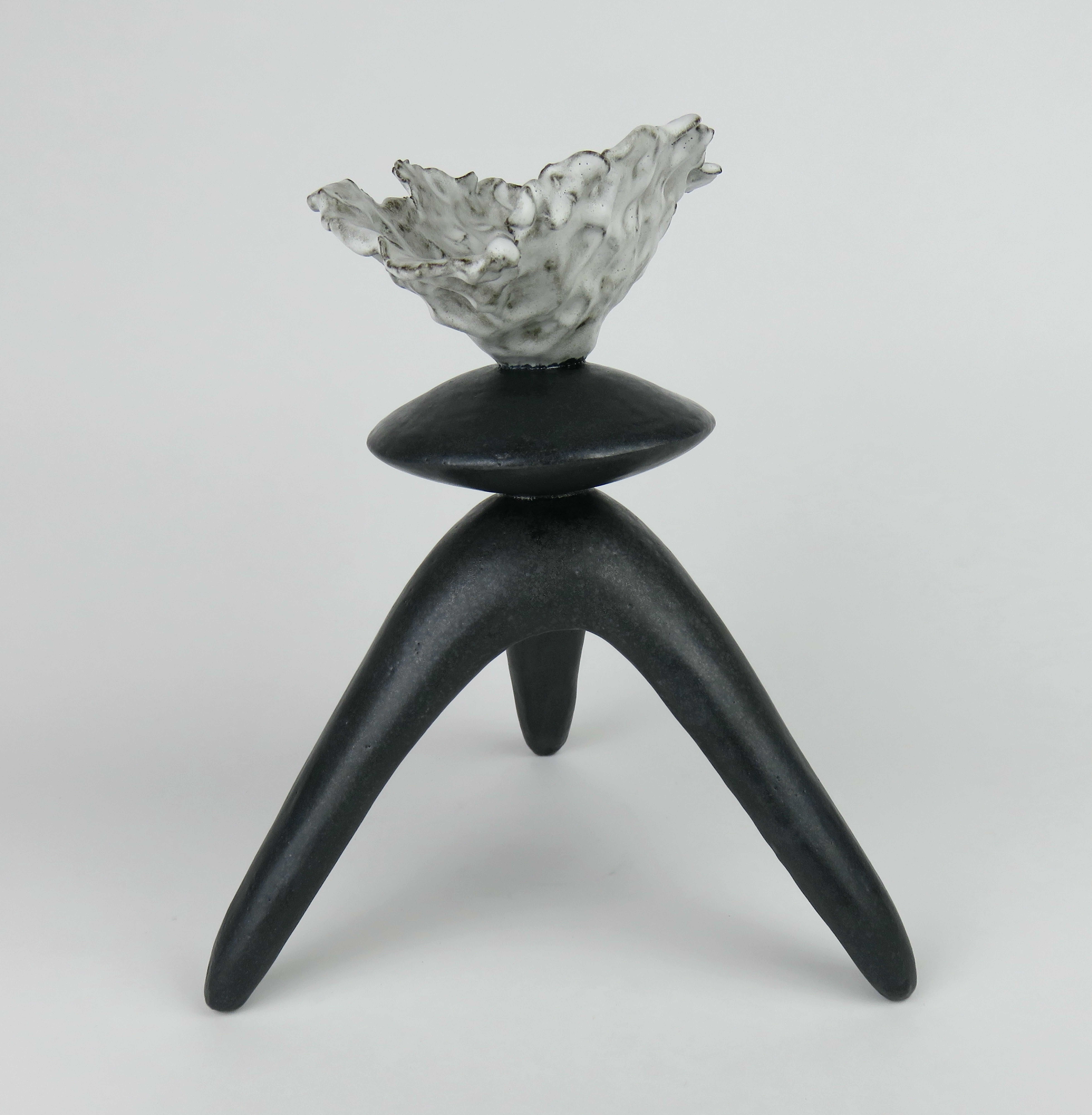Organic Modern Black Ceramic TOTEM, Center Sphere, White Crinkled Top, Tripod Legs, Hand Built For Sale