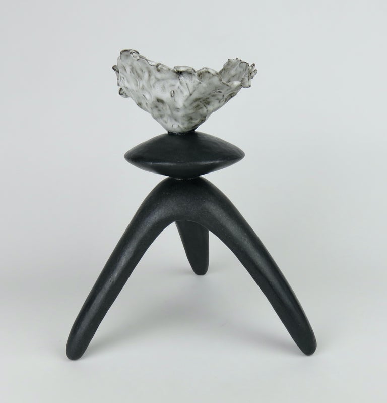 Glazed Black Ceramic TOTEM, Center Sphere, White Crinkled Top, Tripod Legs, Hand Built For Sale