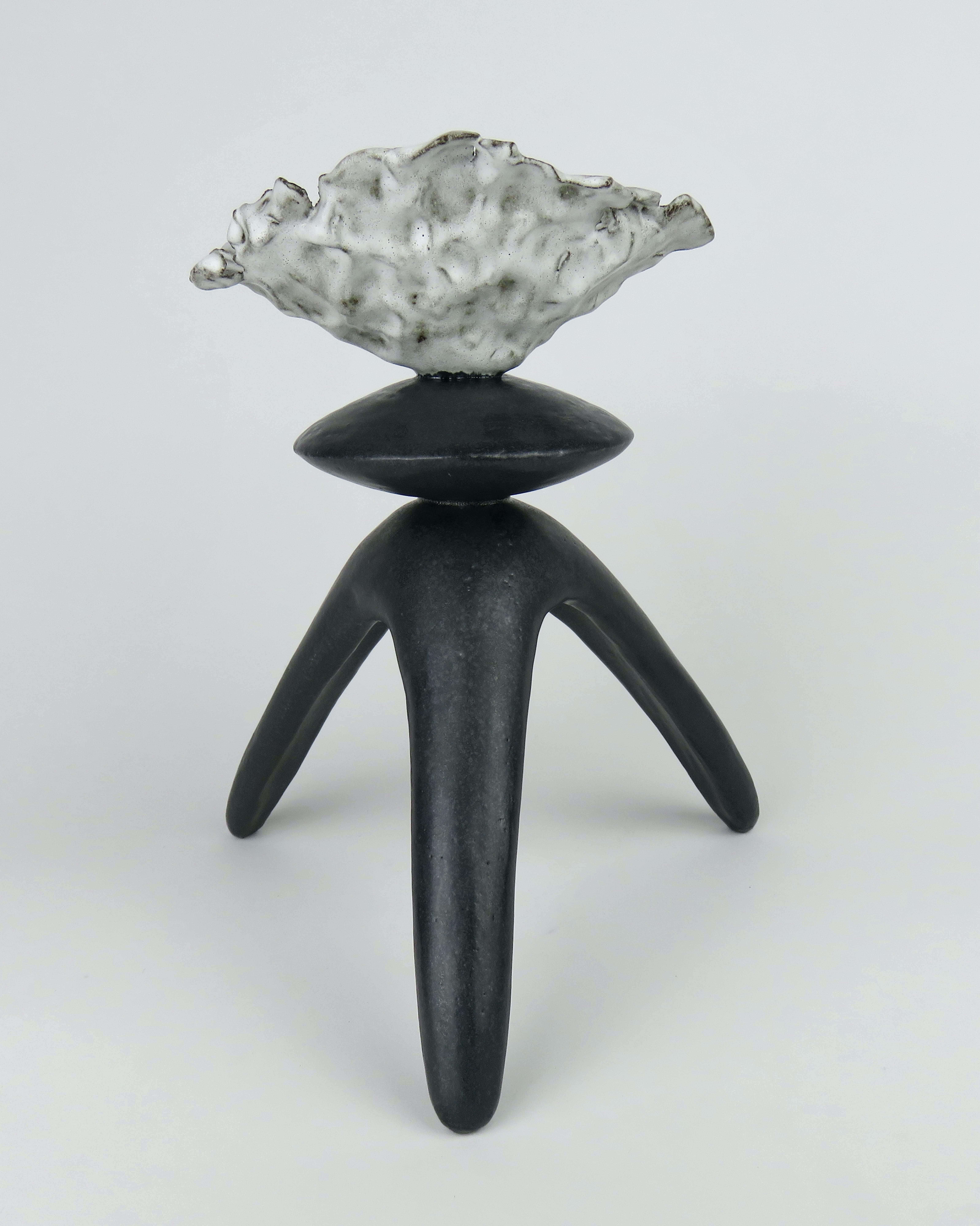 Black Ceramic TOTEM, Center Sphere, White Crinkled Top, Tripod Legs, Hand Built In New Condition For Sale In New York, NY