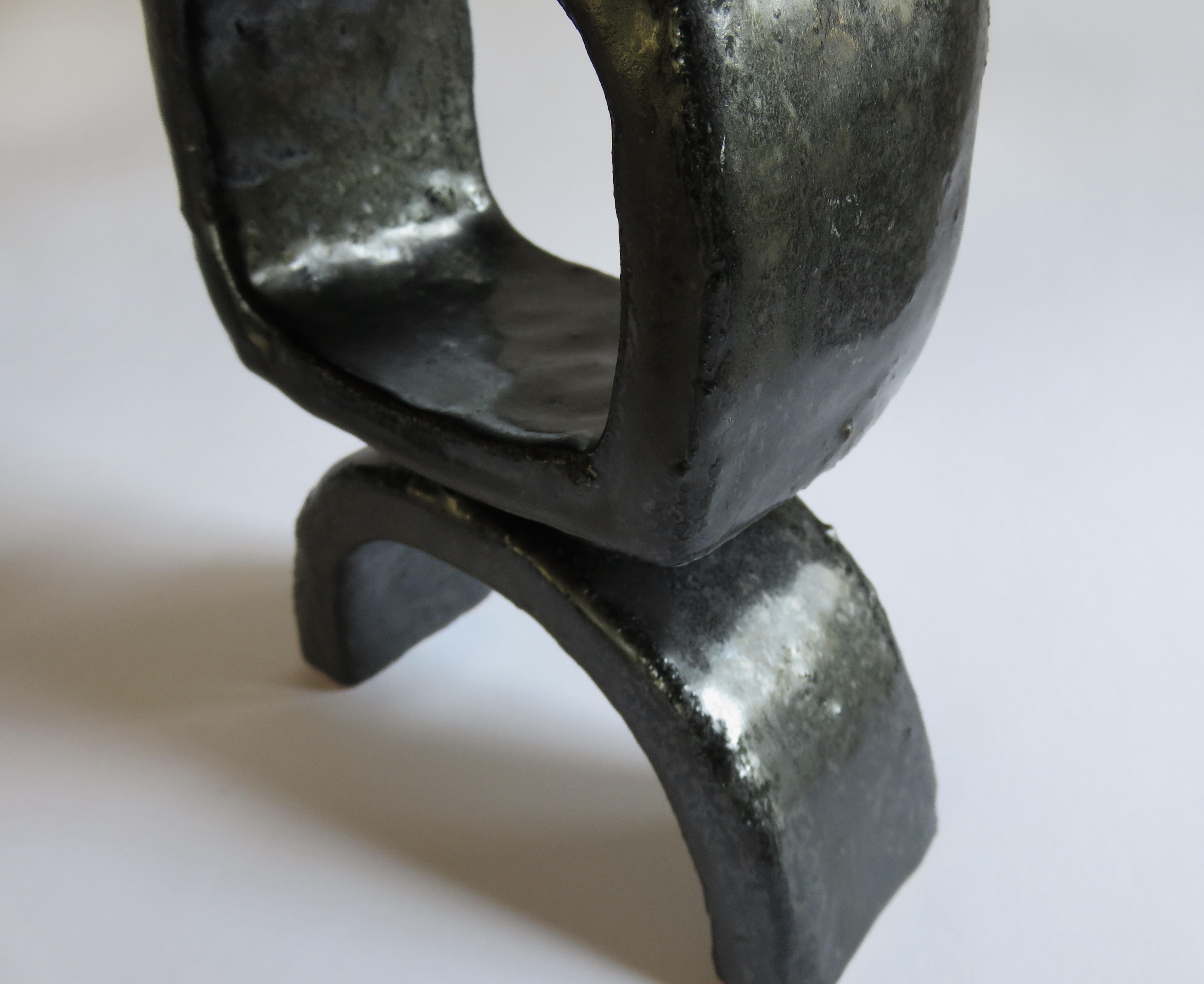 Black Ceramic TOTEM Trio, 3 Hand Built Sculptures, Rings on Arc'd Legs For Sale 2