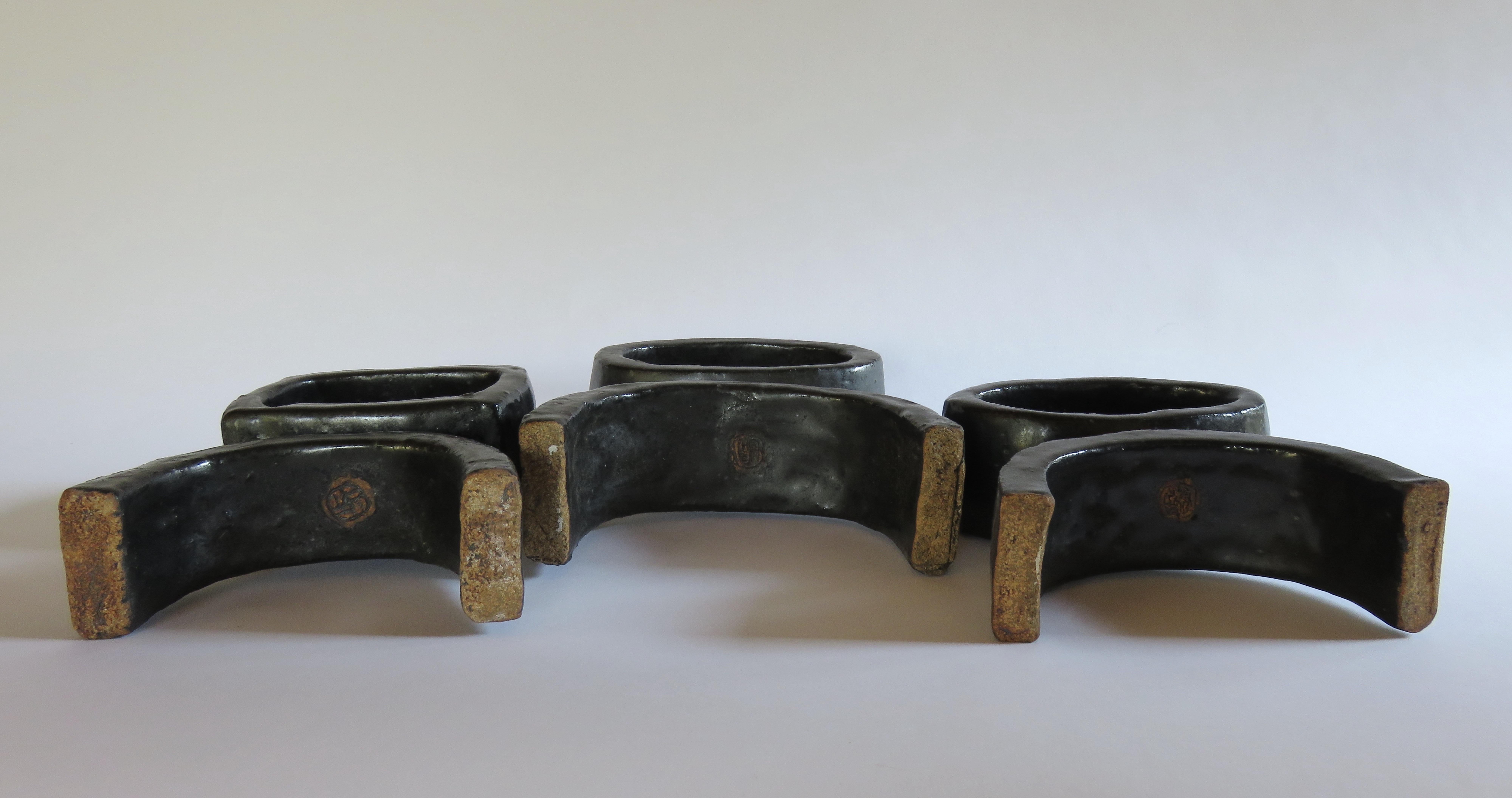Black Ceramic TOTEM Trio, 3 Hand Built Sculptures, Rings on Arc'd Legs For Sale 3