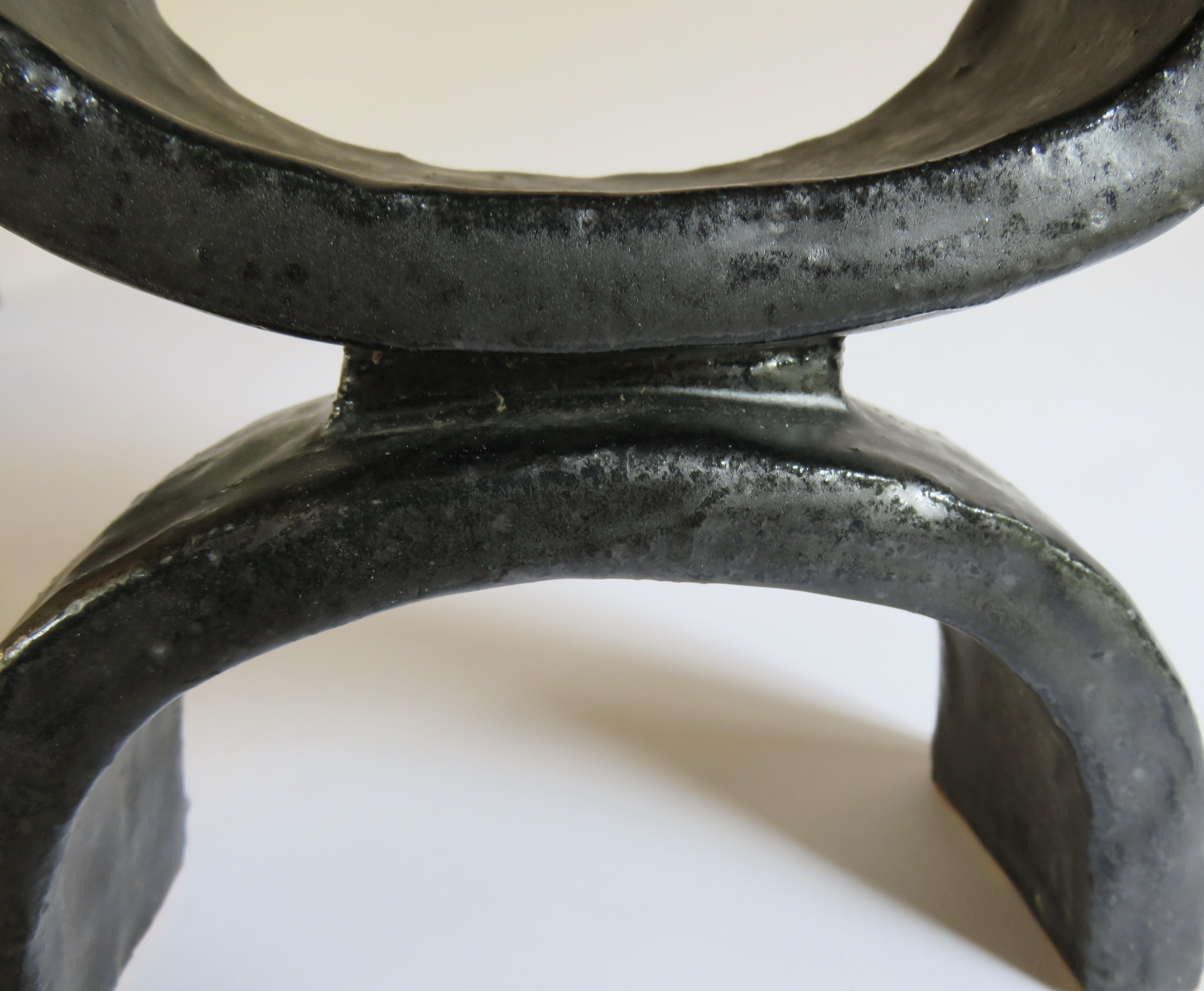 Black Ceramic TOTEM Trio, 3 Hand Built Sculptures, Rings on Arc'd Legs For Sale 9