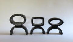 Black Ceramic TOTEM Trio, 3 Hand Built Sculptures, Rings on Arc'd Legs
