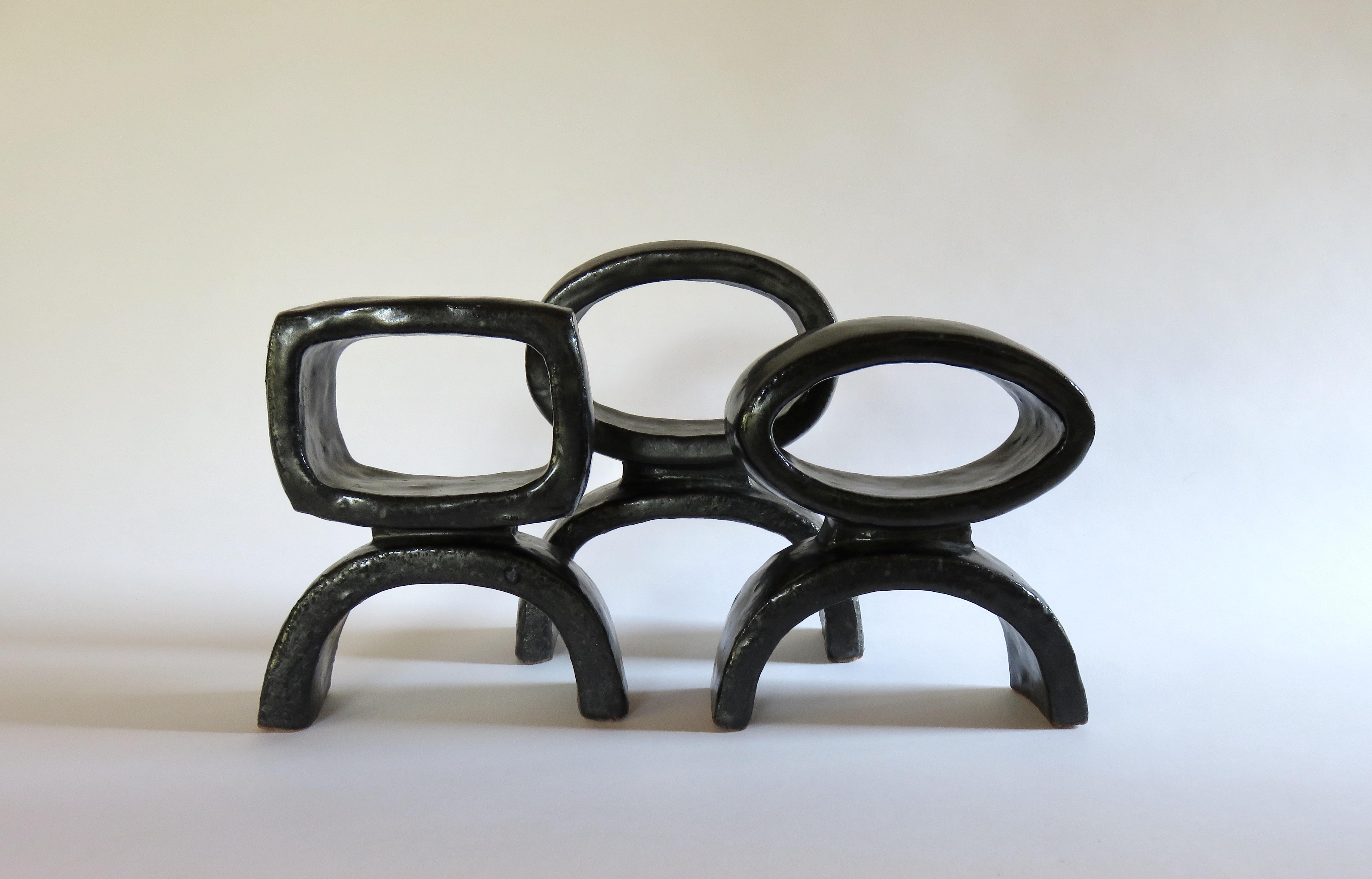 Organic Modern Black Ceramic TOTEM Trio, 3 Hand Built Sculptures, Rings on Arc'd Legs For Sale