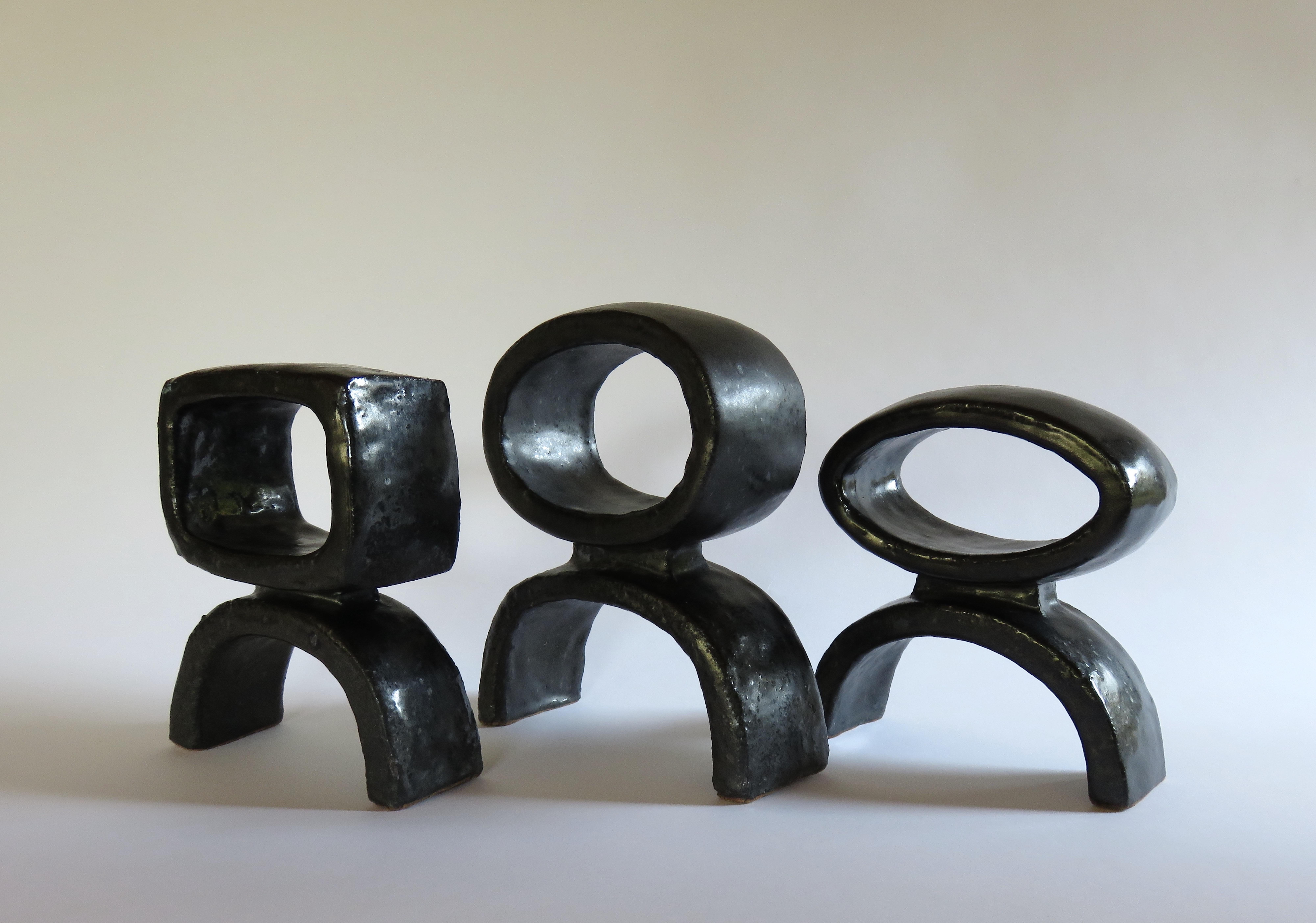 American Black Ceramic TOTEM Trio, 3 Hand Built Sculptures, Rings on Arc'd Legs For Sale