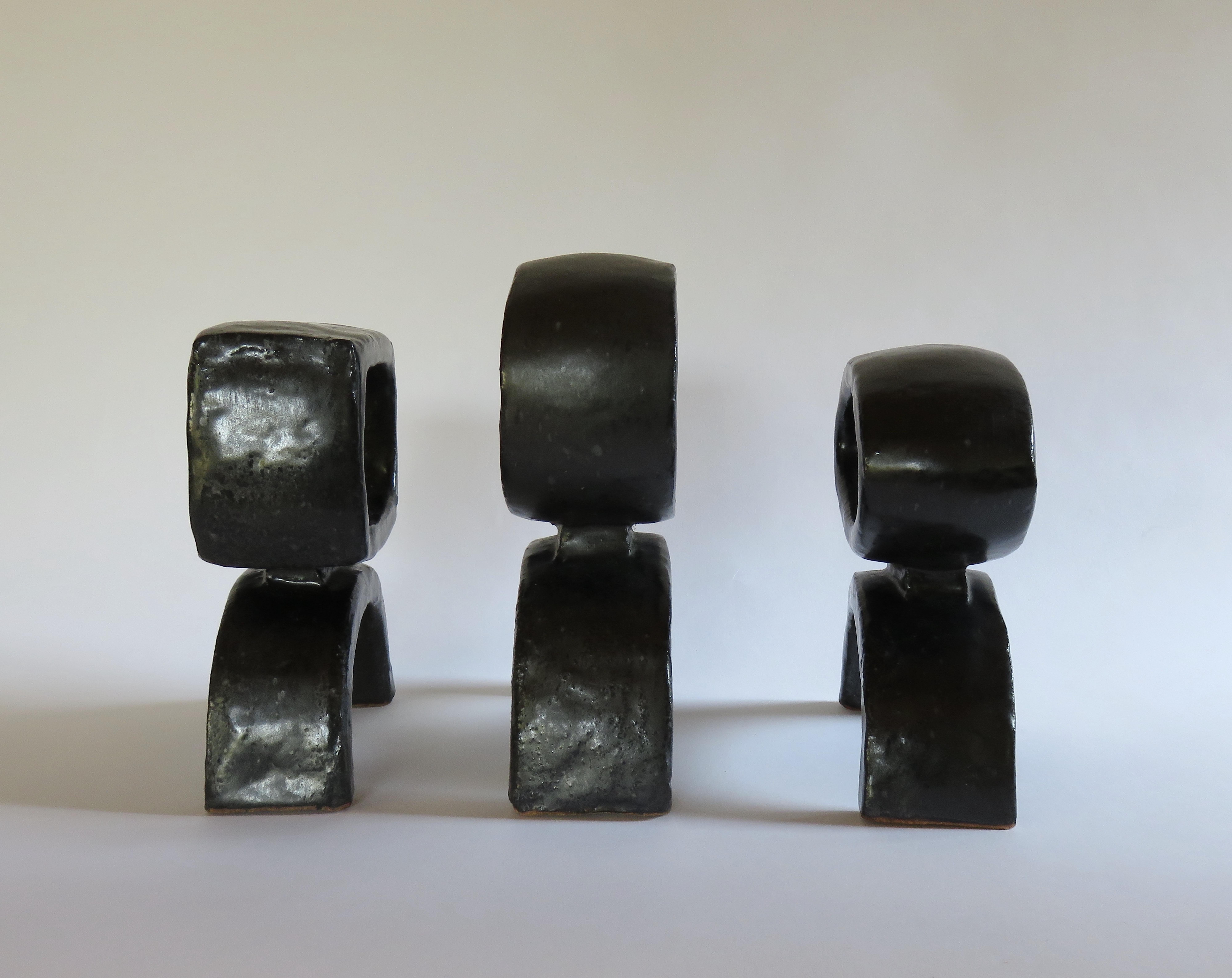 Glazed Black Ceramic TOTEM Trio, 3 Hand Built Sculptures, Rings on Arc'd Legs For Sale