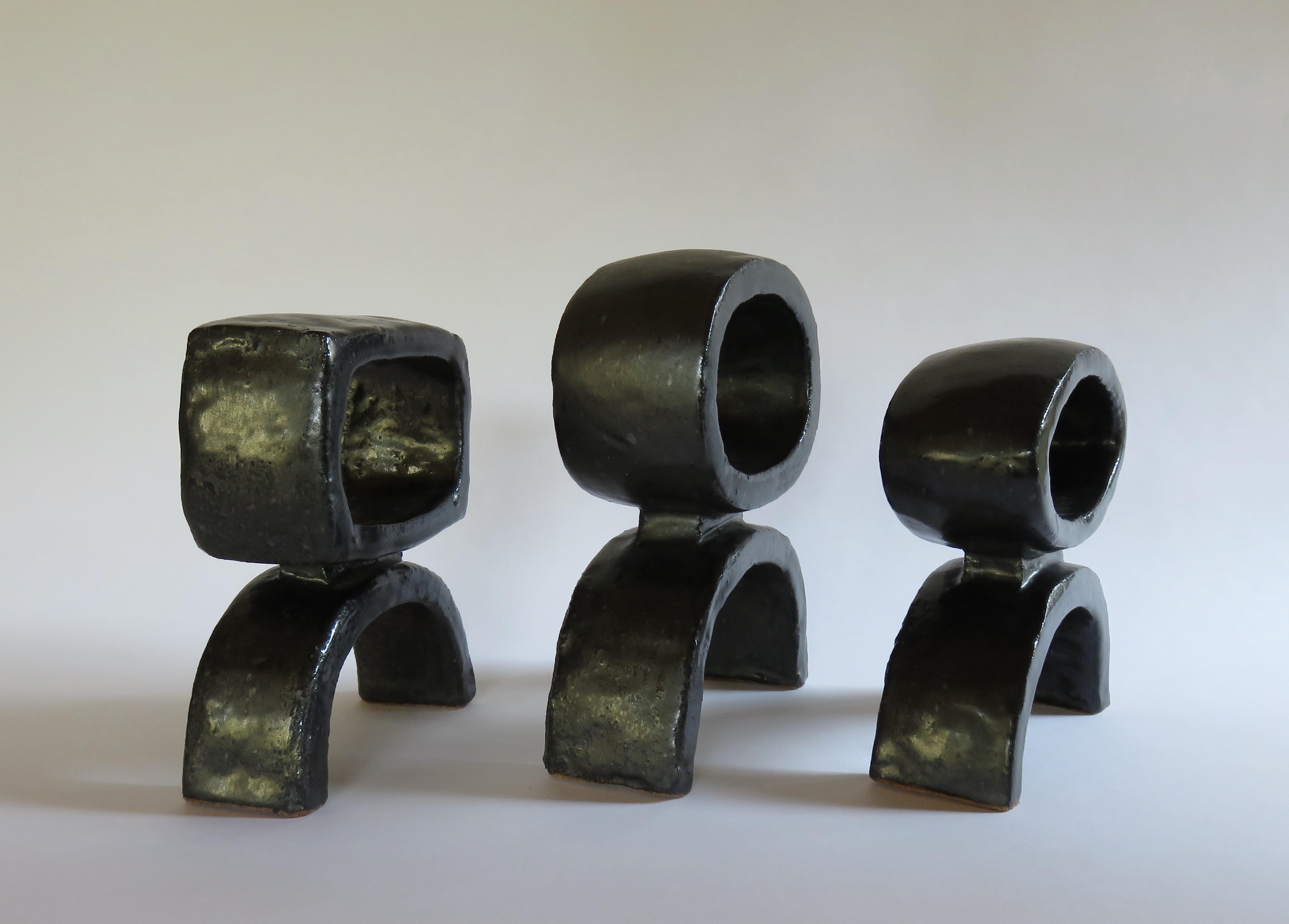 Black Ceramic TOTEM Trio, 3 Hand Built Sculptures, Rings on Arc'd Legs In New Condition For Sale In New York, NY