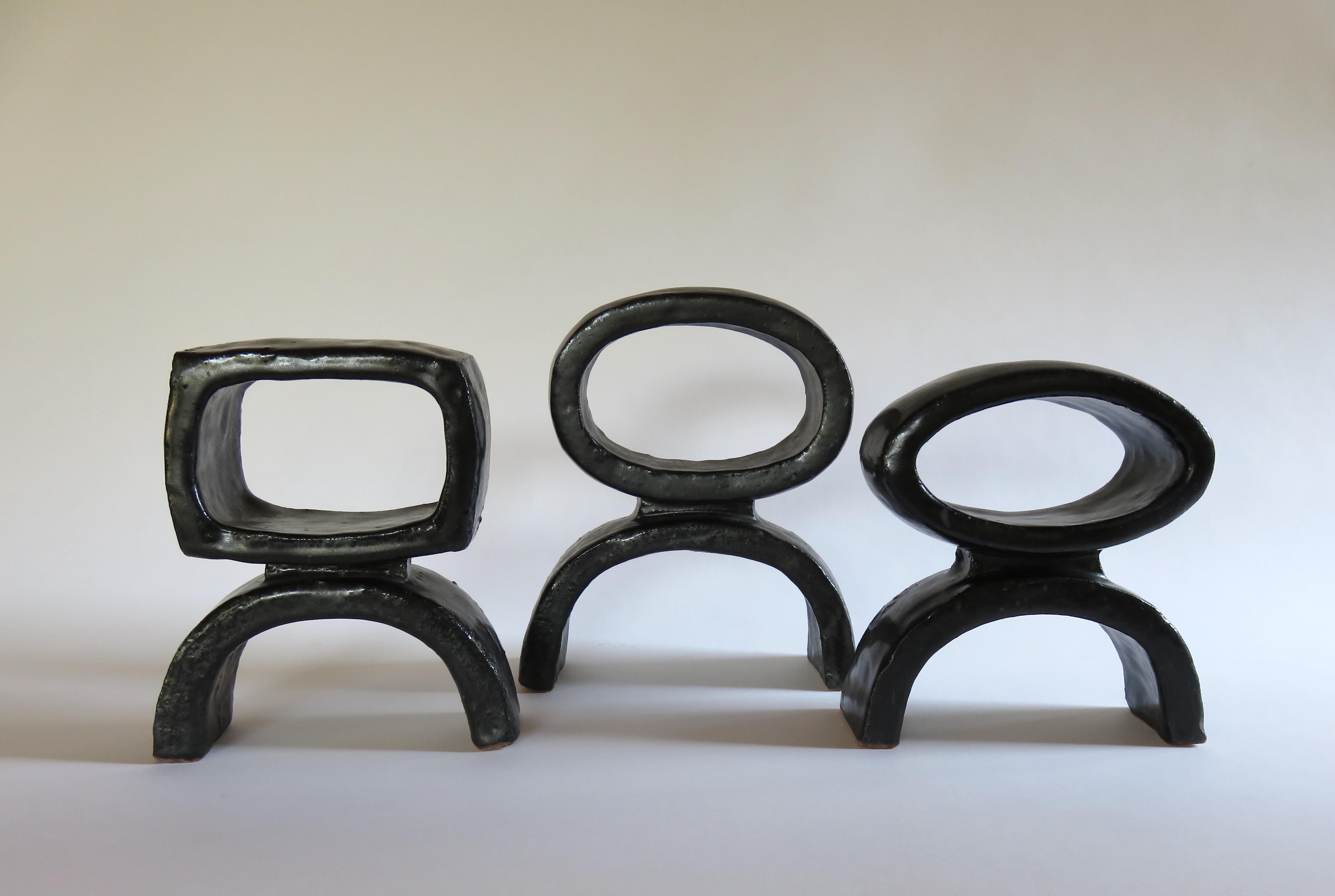 Contemporary Black Ceramic TOTEM Trio, 3 Hand Built Sculptures, Rings on Arc'd Legs For Sale