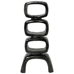 Black Ceramic Totemic Sculpture, 3 Stacked Rectangular Rings on Rectangular Foot