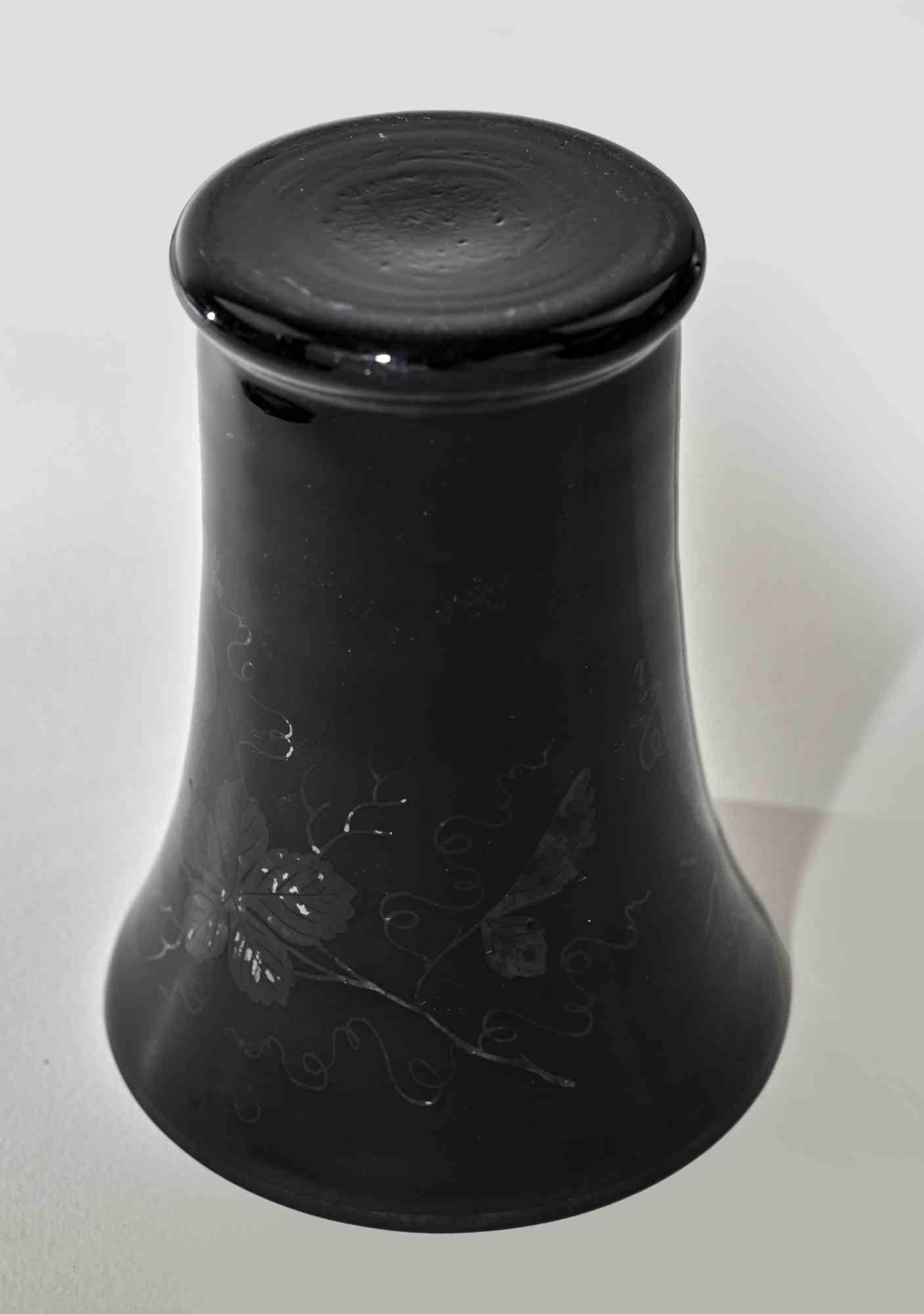 Italian Black Ceramic Vase with Decorations, 1970s For Sale