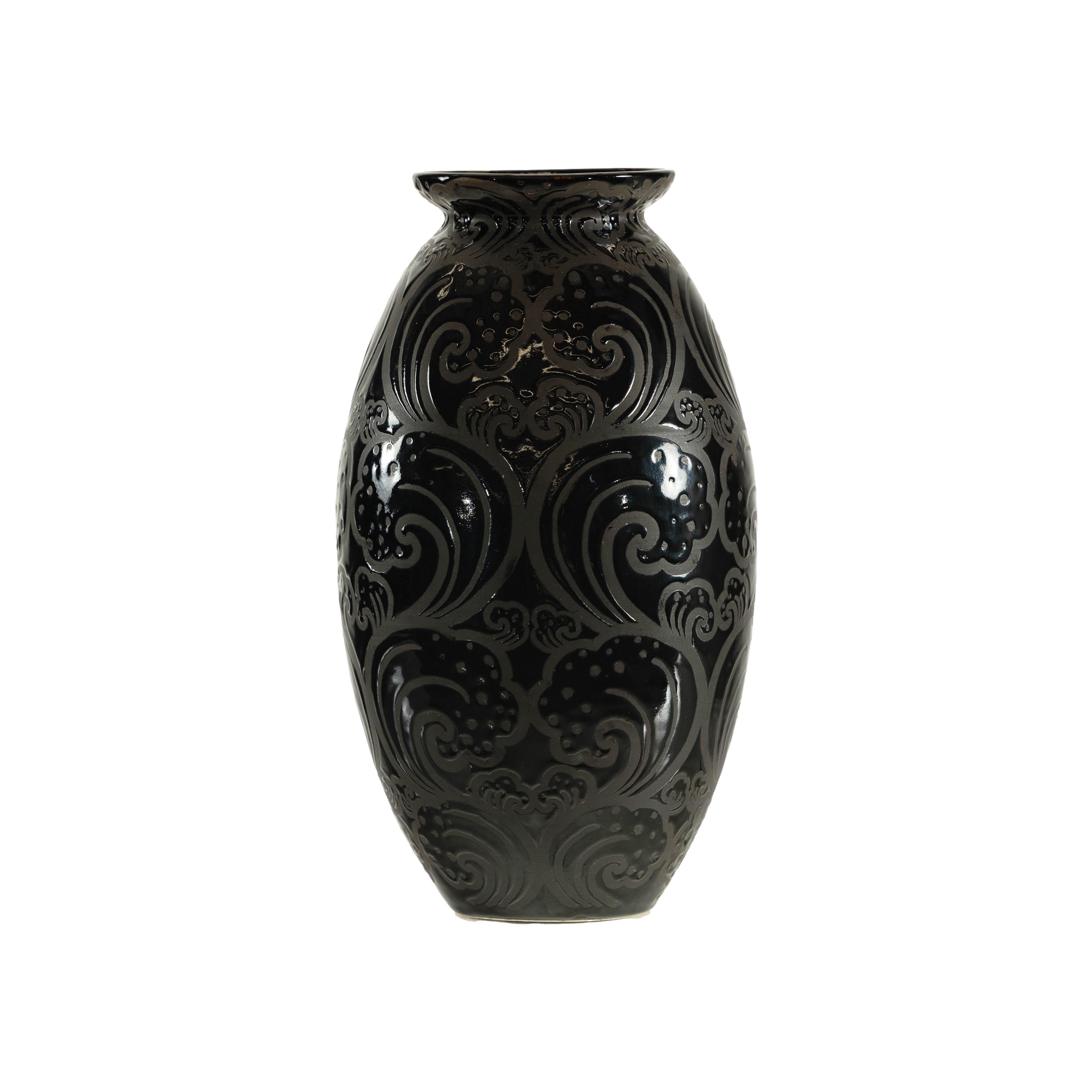 Black Ceramic Vase with Raised Wave Motif and Glossy Finish For Sale 13