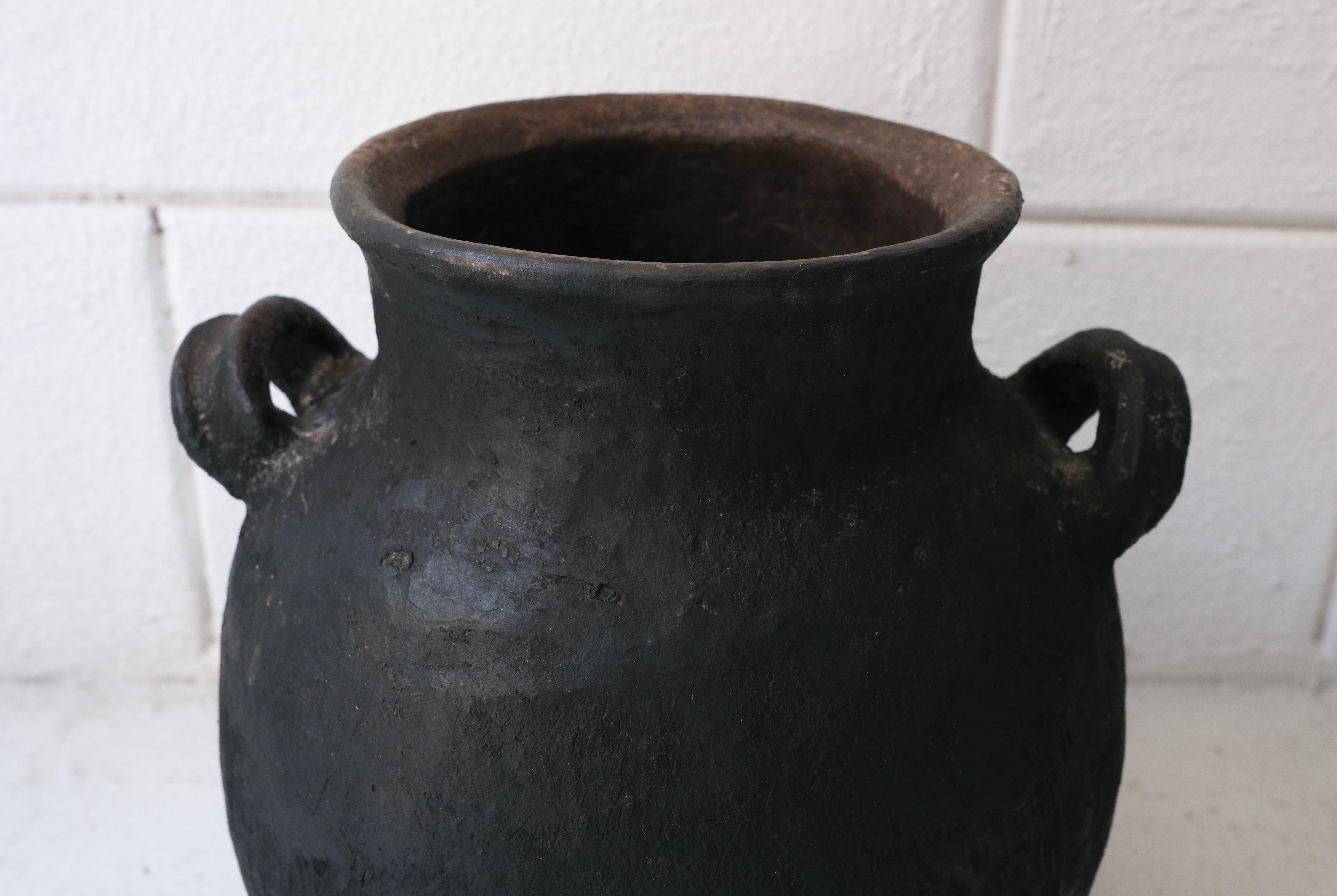 Rustic Black Ceramic Water Pot with Handles from Puebla, Mexico, Circa 1980's