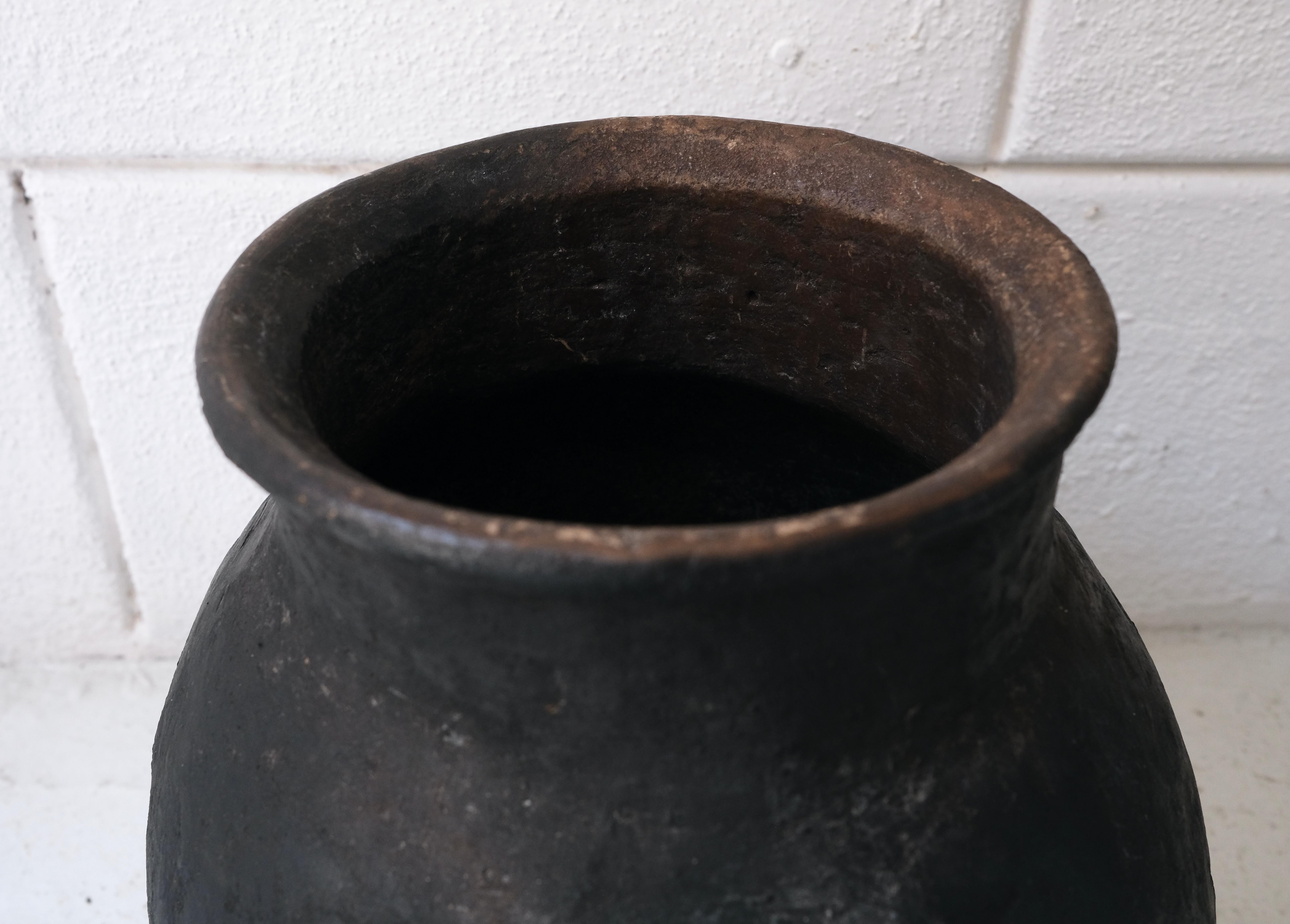 Hand-Crafted Black Ceramic Water Pot with Handles from Puebla, Mexico, Circa 1980's