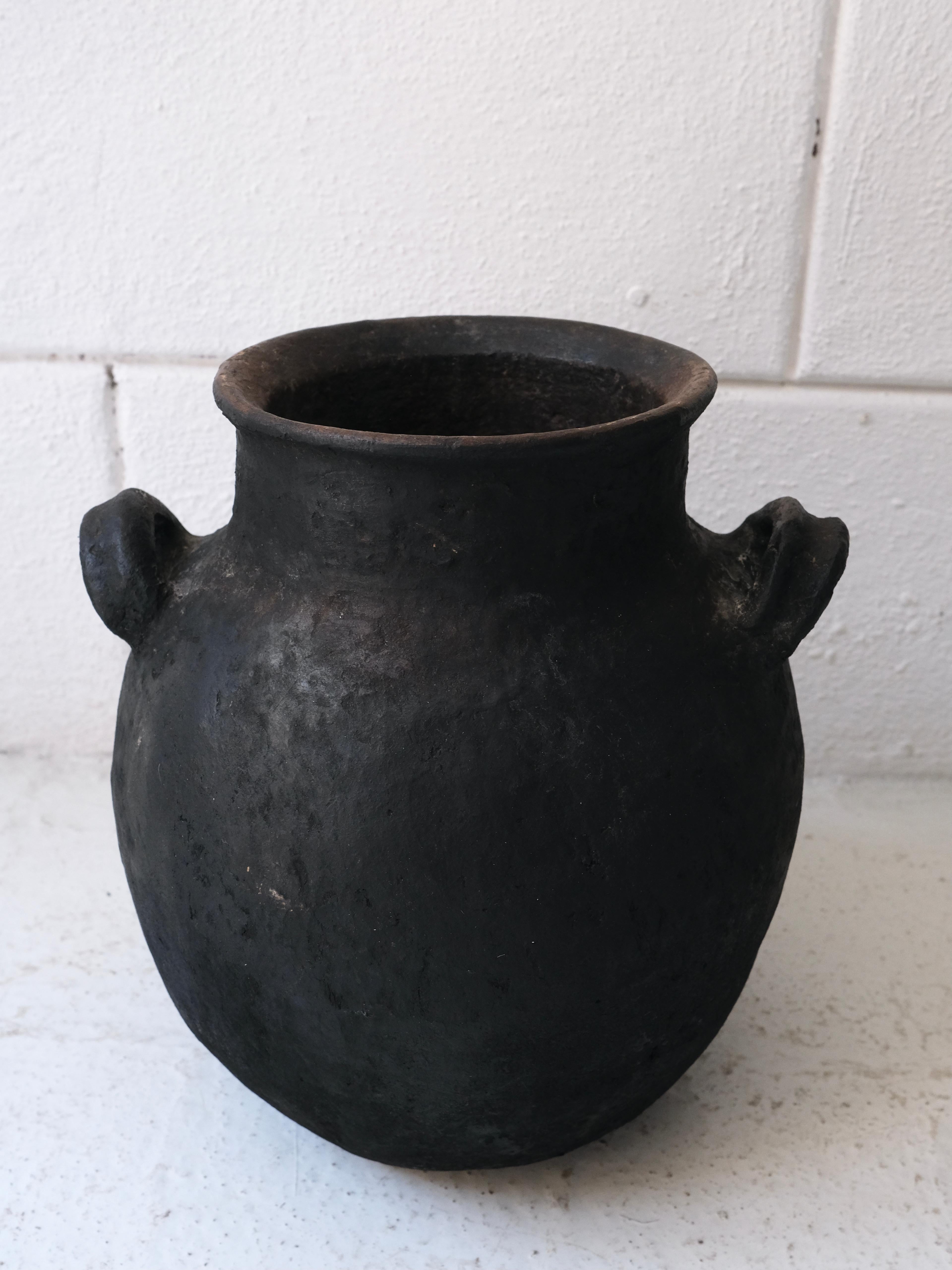 Late 20th Century Black Ceramic Water Pot with Handles from Puebla, Mexico, Circa 1980's