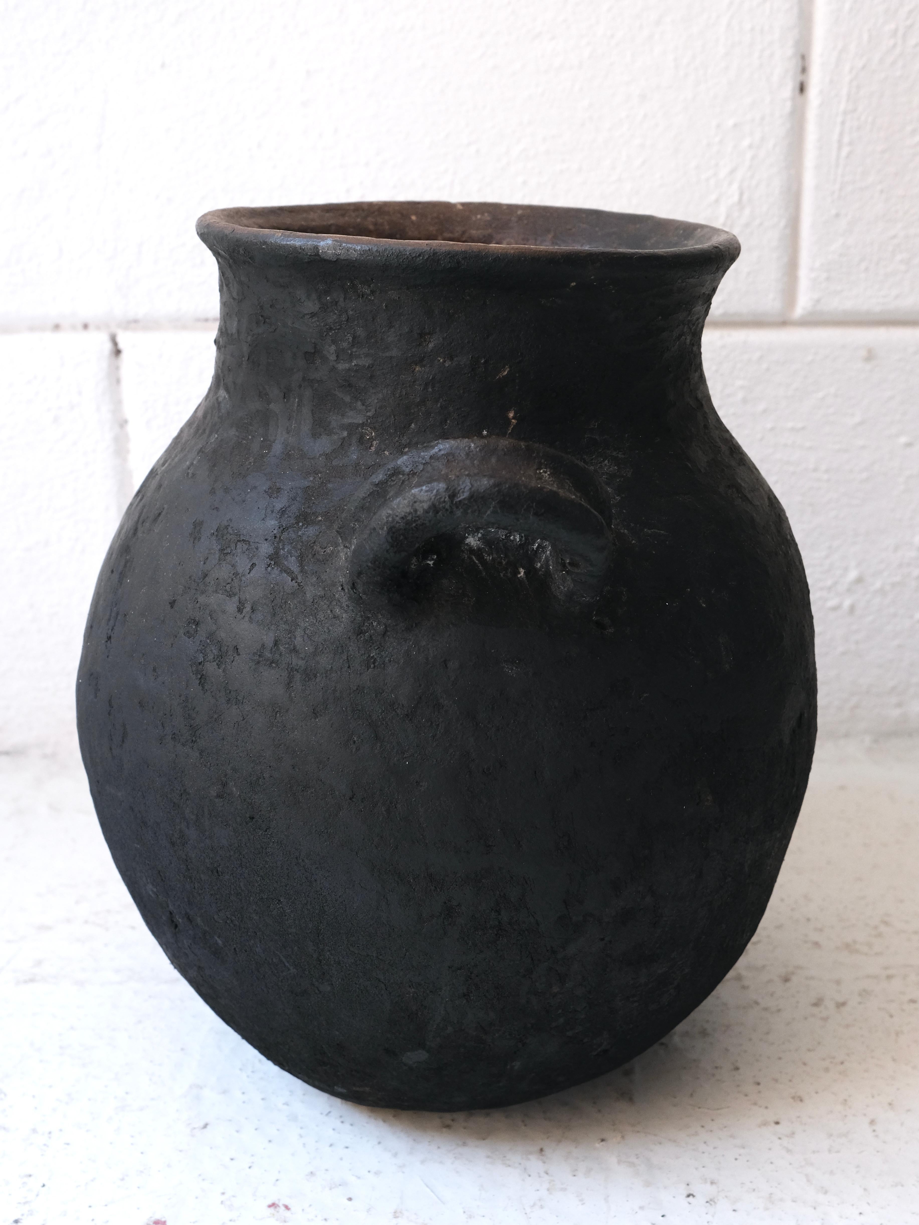 Black Ceramic Water Pot with Handles from Puebla, Mexico, Circa 1980's 2