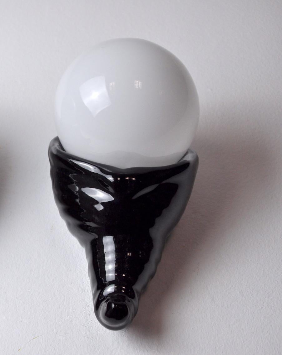 Hollywood Regency Black Ceramic & White Opaline Wall Sconce, France, 1980s For Sale