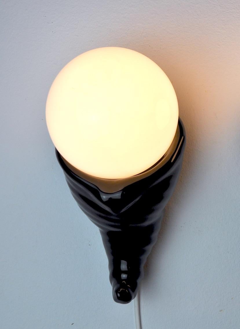 French Black Ceramic & White Opaline Wall Sconce, France, 1980s For Sale