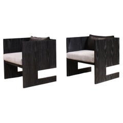 Black Cerused Oak Modernist Lounge Chairs, Mohair and Leather