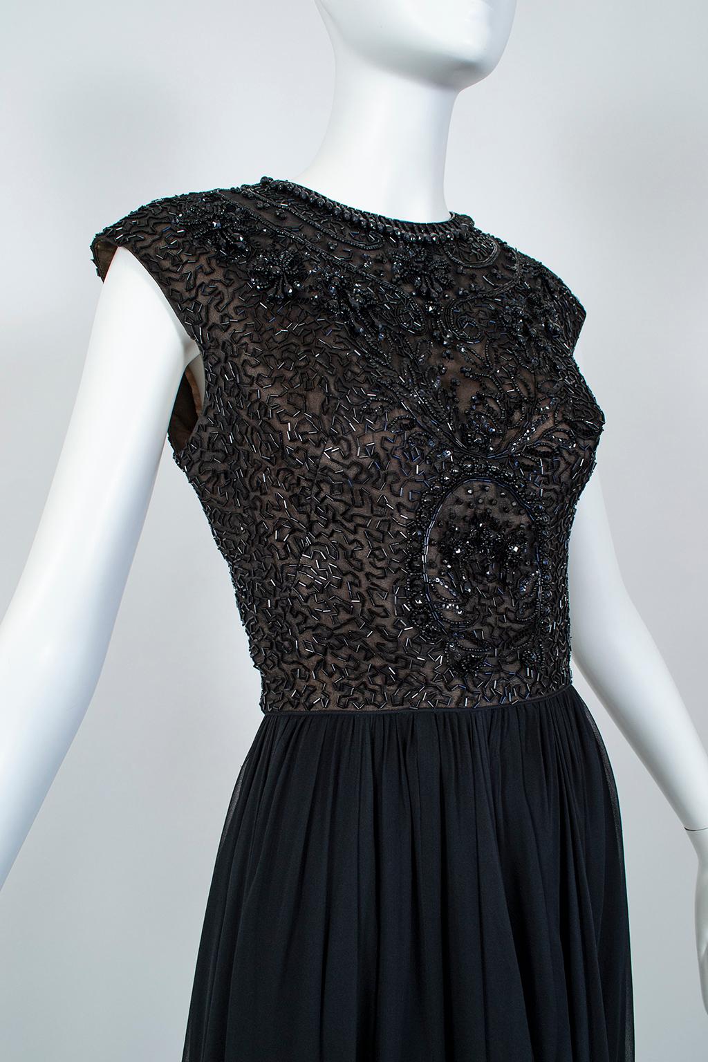 Black Chandelier Bead Illusion Party Dress with Swirling Trumpet Skirt– M, 1950s For Sale 3