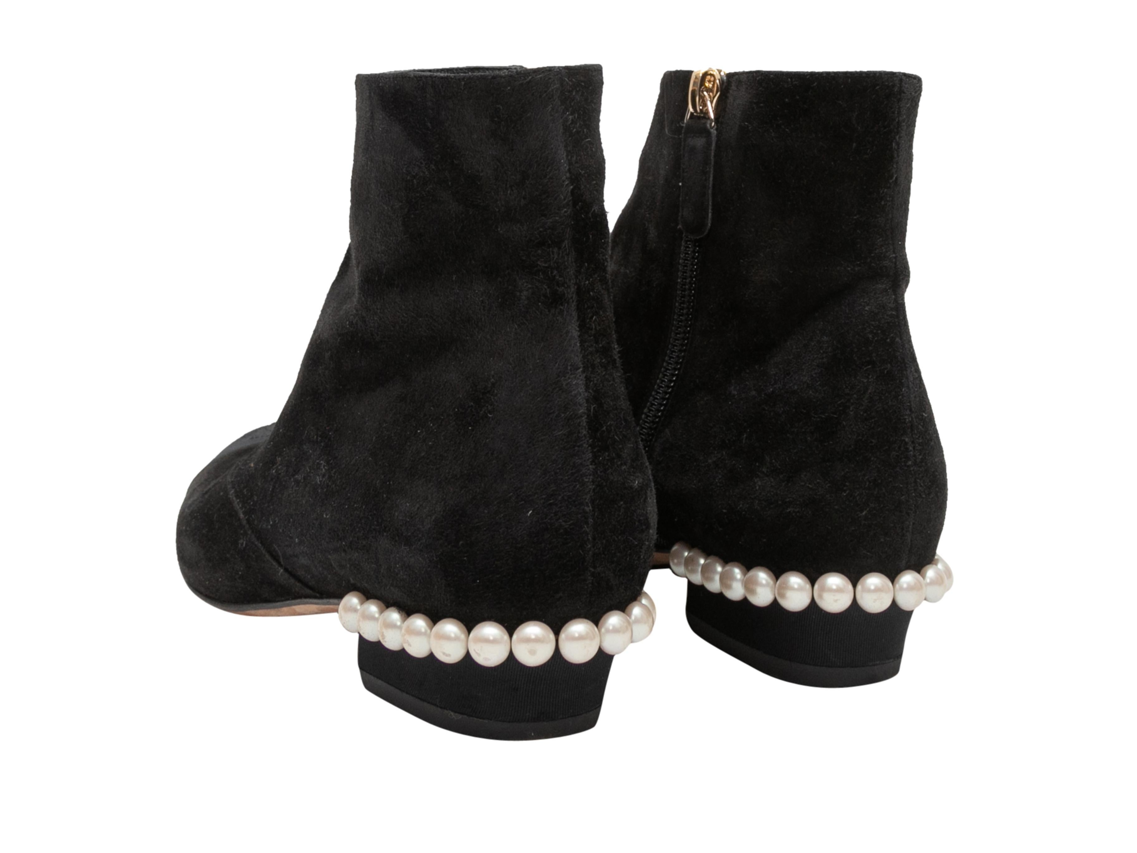 Women's Black Chanel Cap-Toe Faux Pearl-Accented Ankle Boots Size 38.5 For Sale