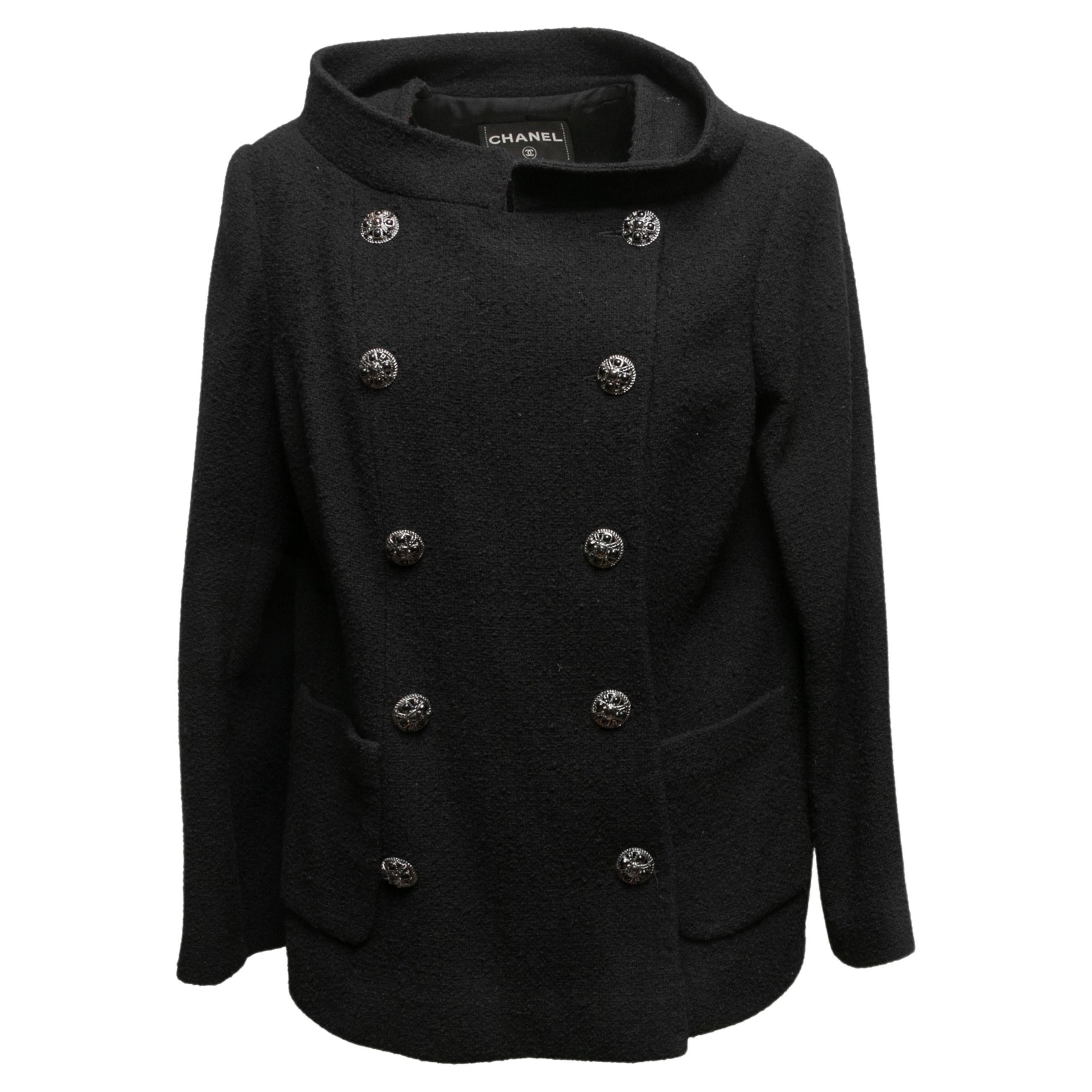 Black Chanel Double-Breasted Wool Jacket Size FR 48 For Sale
