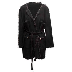 Black Chanel Faux Pearl-Embellished Knit Wrap Coat Size FR 48