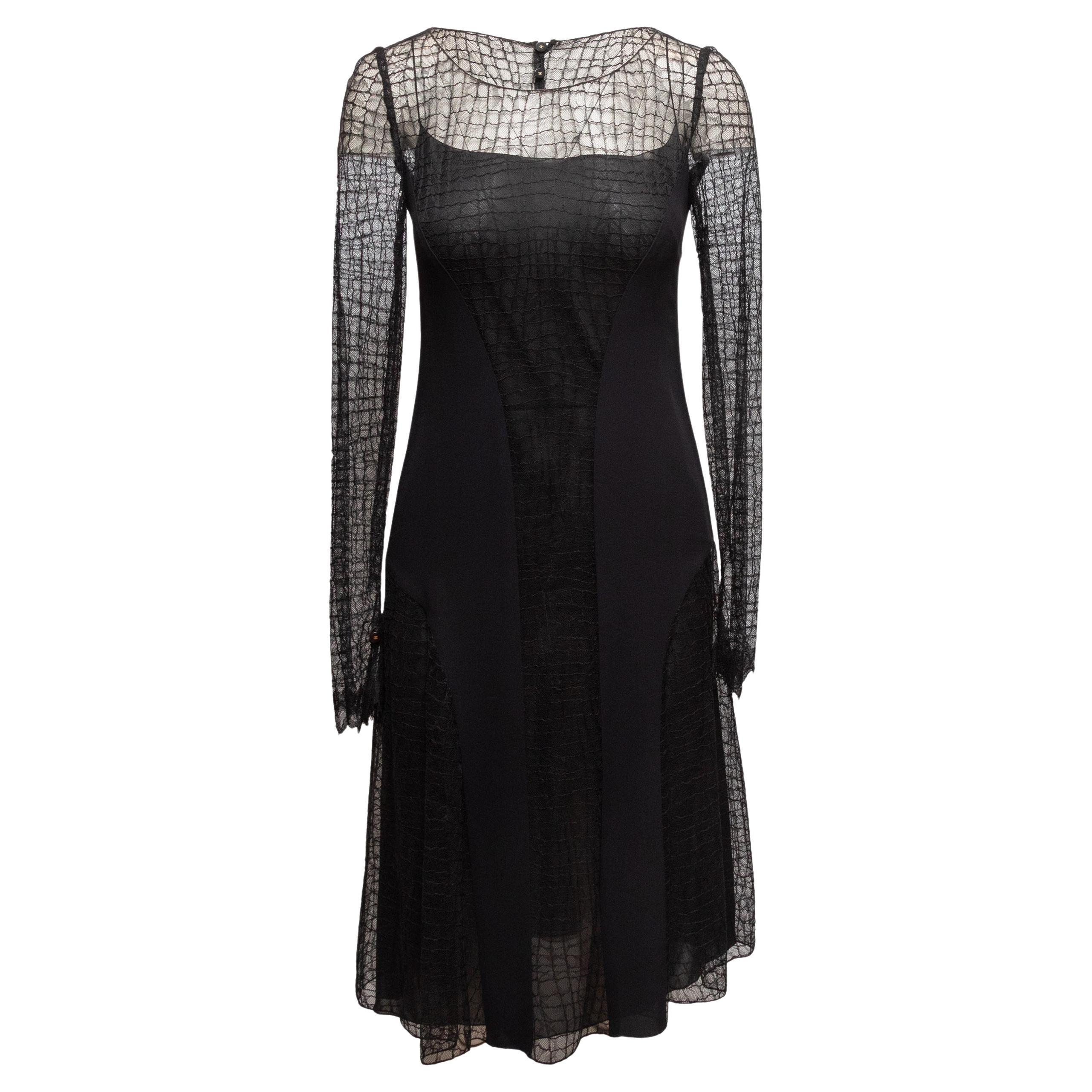 Chanel negro Vestido de manga larga con superposición de encaje Talla US M en venta