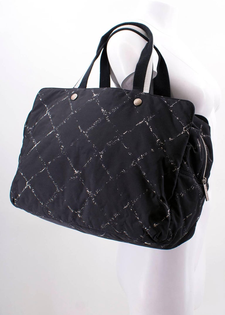 Black Chanel large tote duffle bag with white cross pattern For Sale at 1stdibs