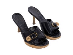 Chanel Black Leather And Wood Clogs