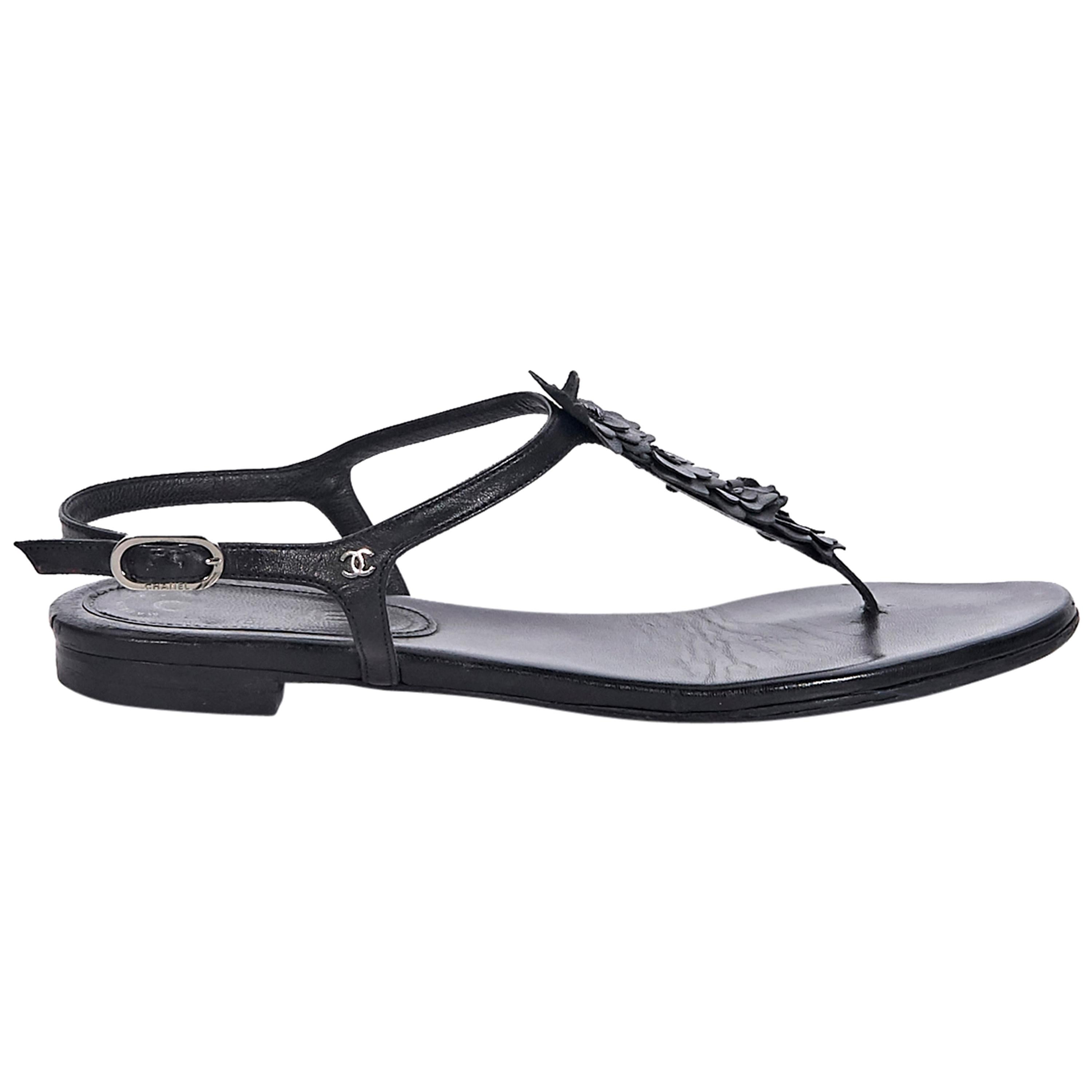 Chanel Black Leather Thong Sandals