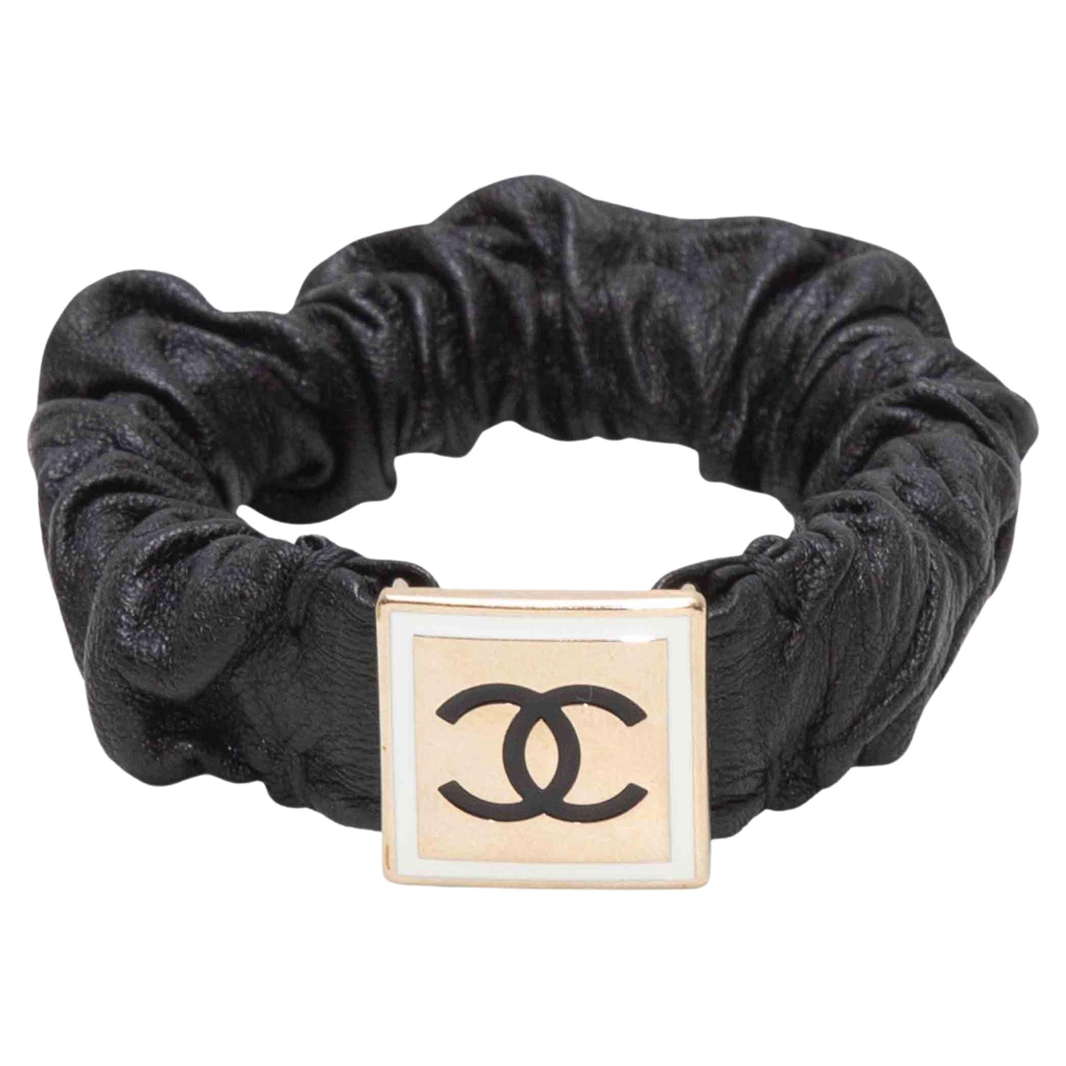 Black Chanel Logo Leather Scrunchie