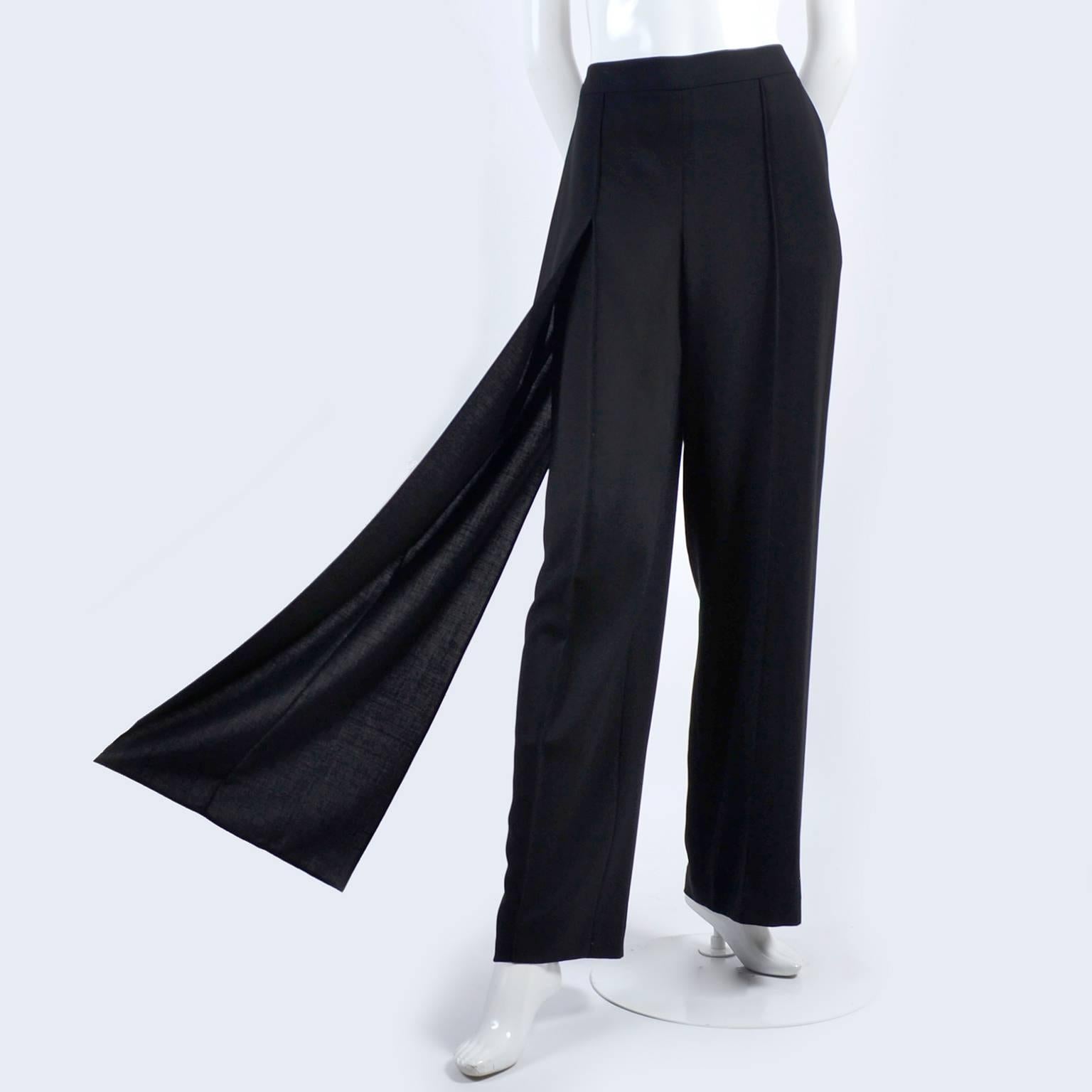 New 1990s Black Wool Chanel Pants W High Waist & Side Fly Away Panel 40 US 10 For Sale 4