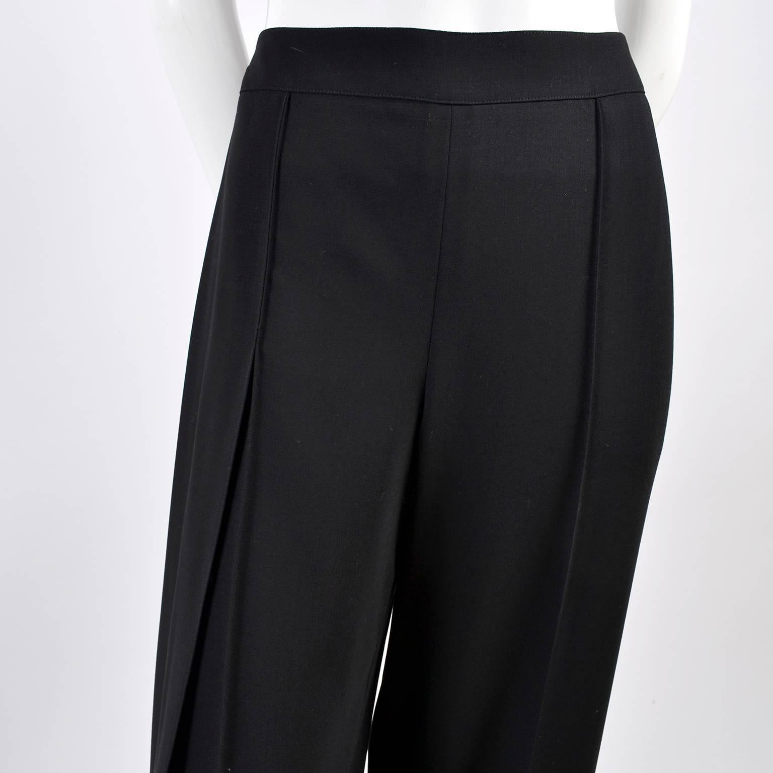 New 1990s Black Wool Chanel Pants W High Waist & Side Fly Away Panel 40 US 10 In New Condition For Sale In Portland, OR
