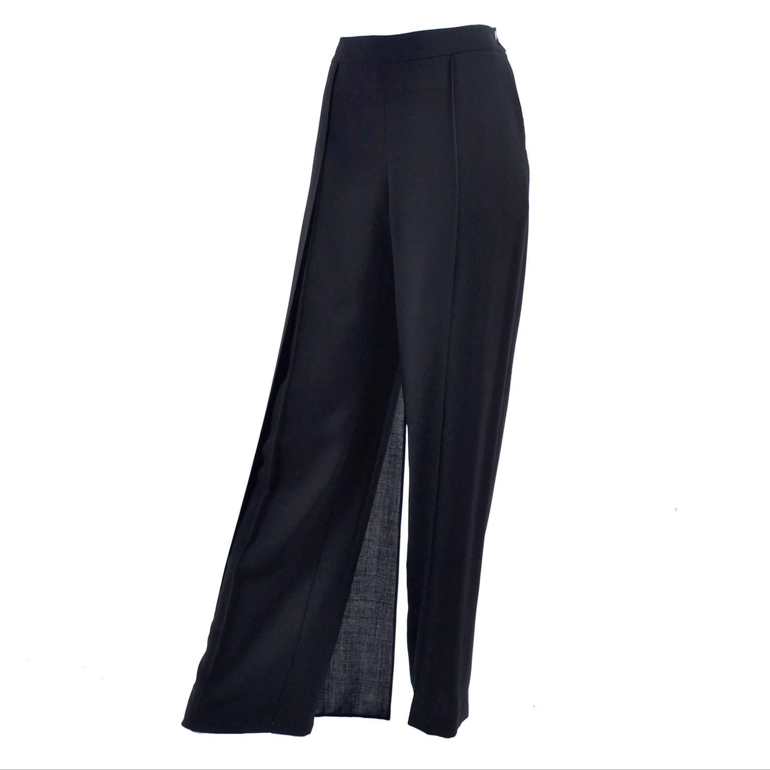 New 1990s Black Wool Chanel Pants W High Waist & Side Fly Away Panel 40 US 10 For Sale