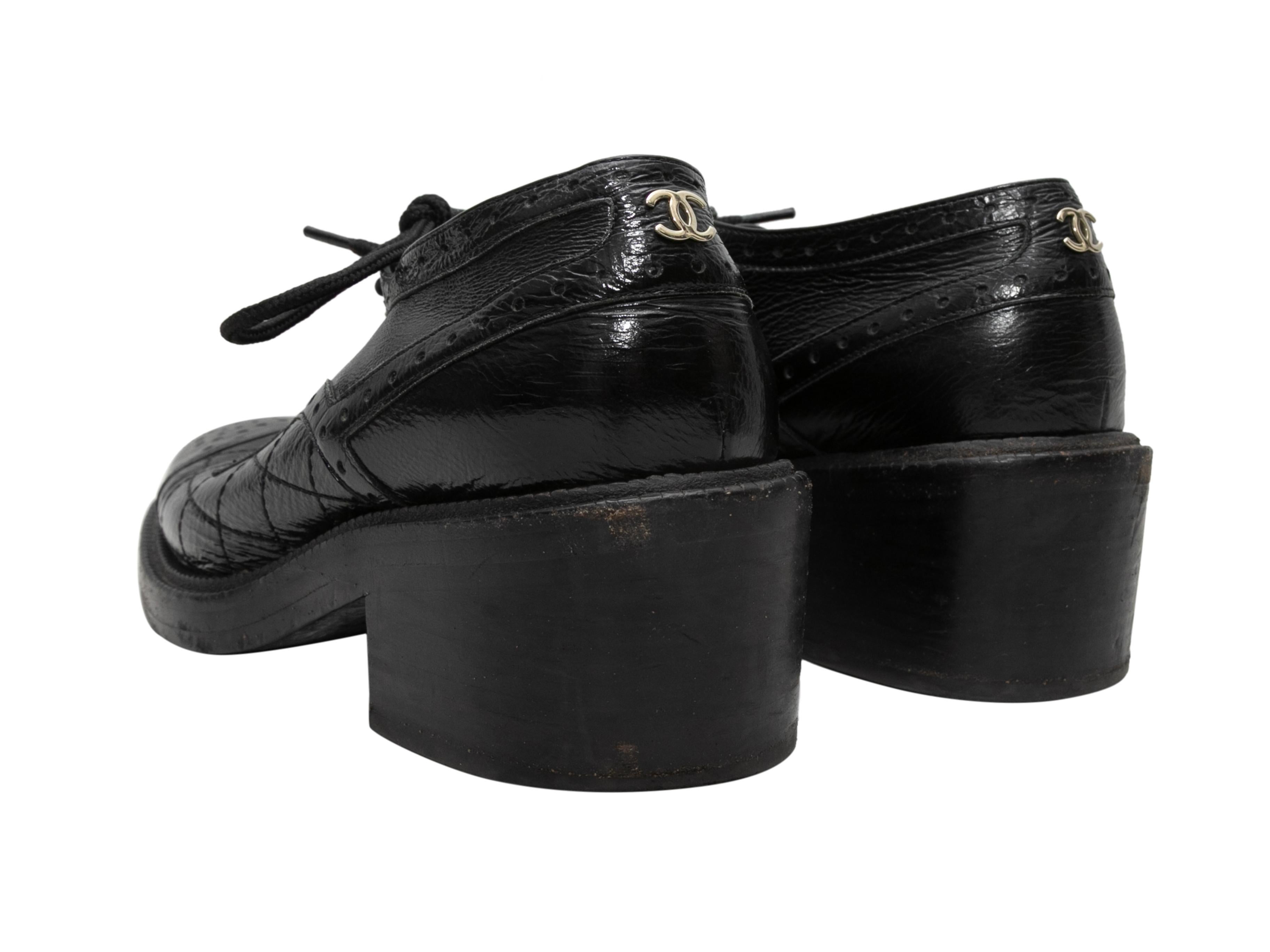 Women's Black Chanel Patent Leather Brogue Oxfords Size 38 For Sale