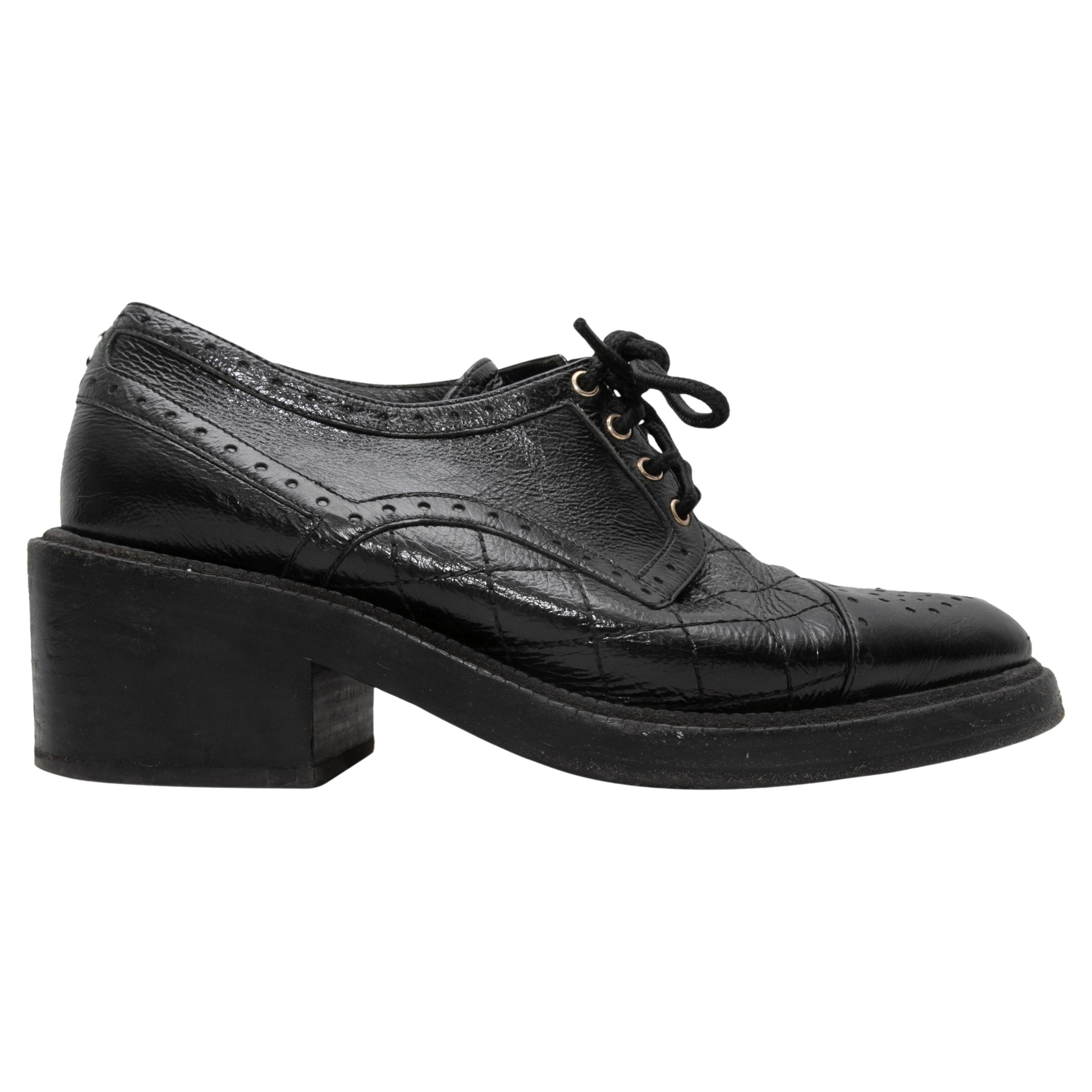 Black Chanel Patent Leather Brogue Oxfords Size 38 For Sale