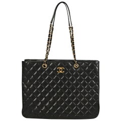 Schwarze Chanel Shopper Tote Bag aus gestepptem Leder