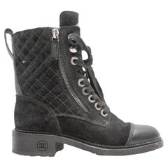 Black Chanel Quilted Suede Cap-Toe Combat Boots Size 35