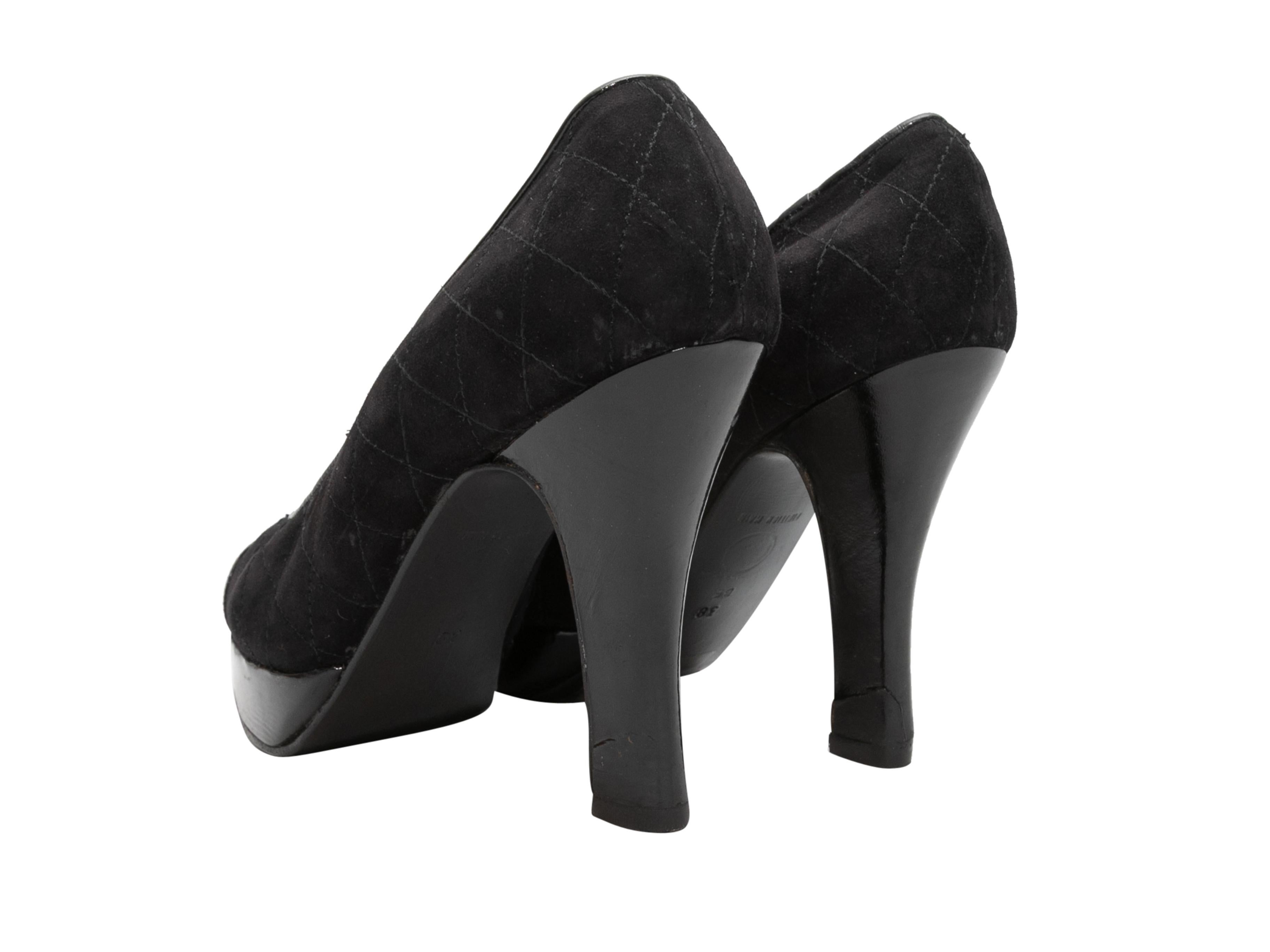 Black quilted suede and patent leather pointed cap-toe platform pumps by Chanel. 1