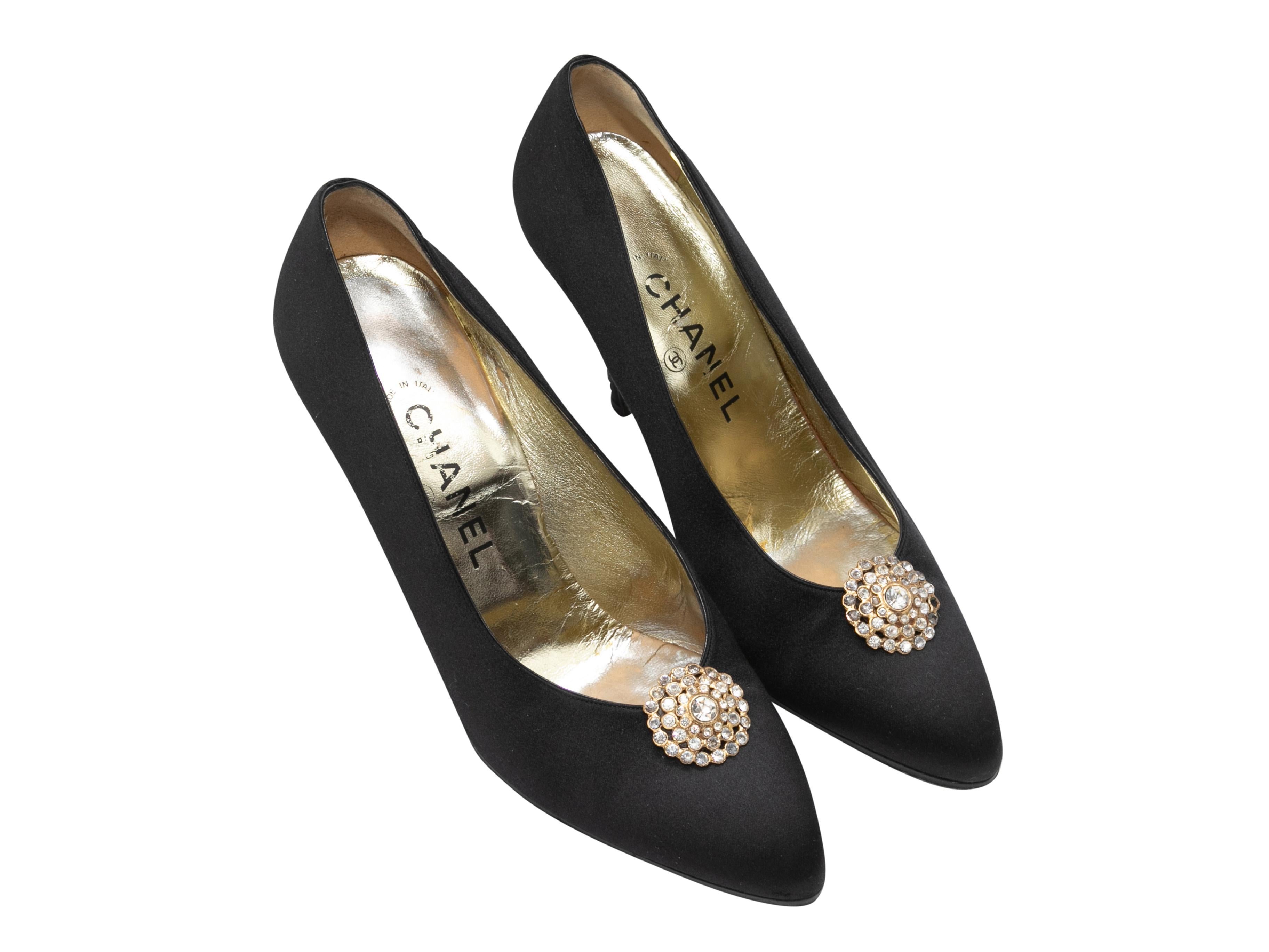 Black satin pointed-toe crystal-embellished pumps by Chanel. 3.5