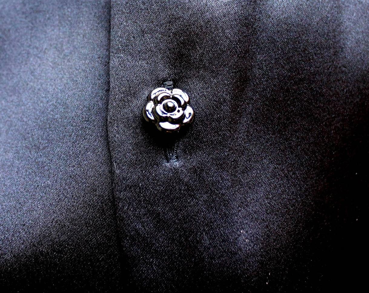 Black Chanel 2 PCS Silk Blouse Top & Skirt Ensemble with Camelia Buttons  1
