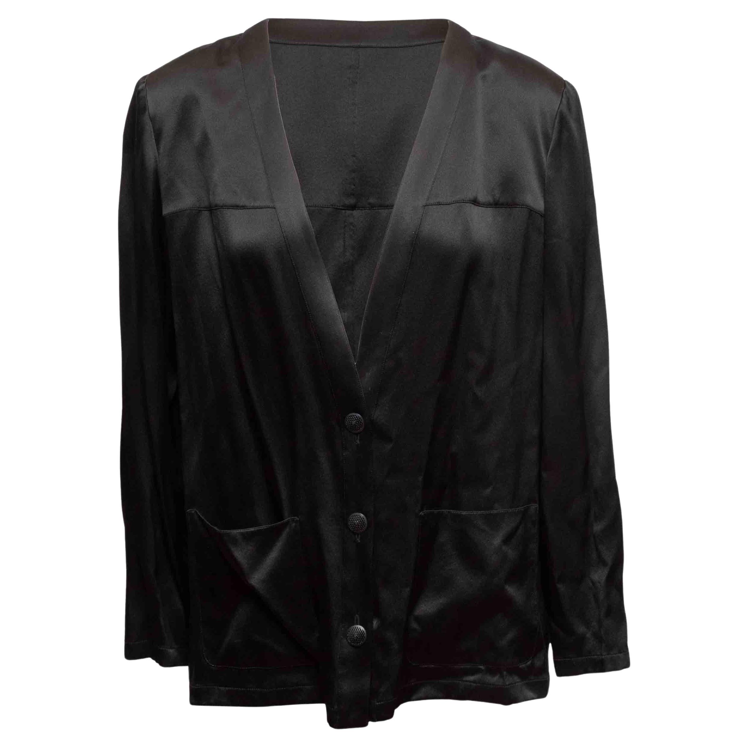 Top a maniche lunghe in seta nera Chanel taglia FR 48