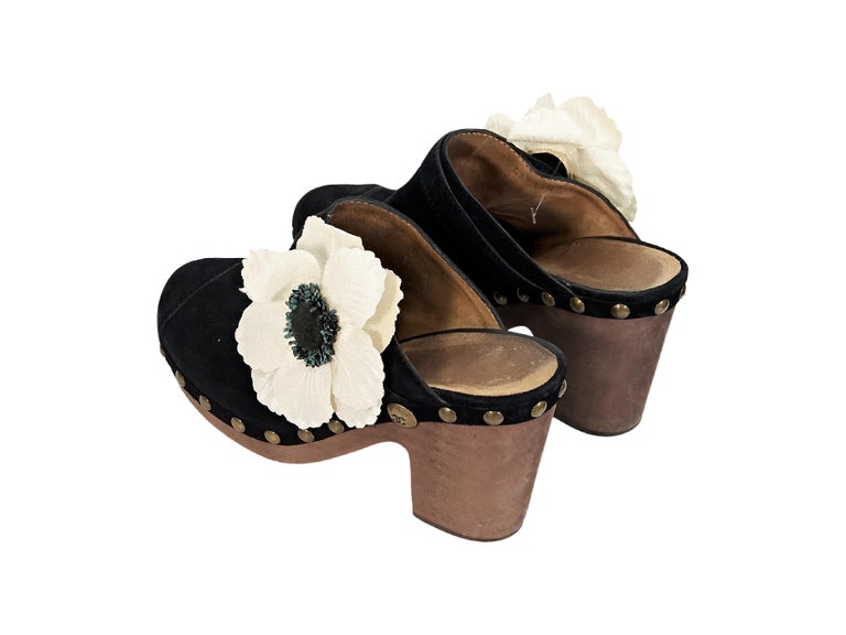 Black Chanel Suede Floral Clogs at 1stDibs  chanel suede clogs, 2015  chanel clogs, chanel 2015 clogs