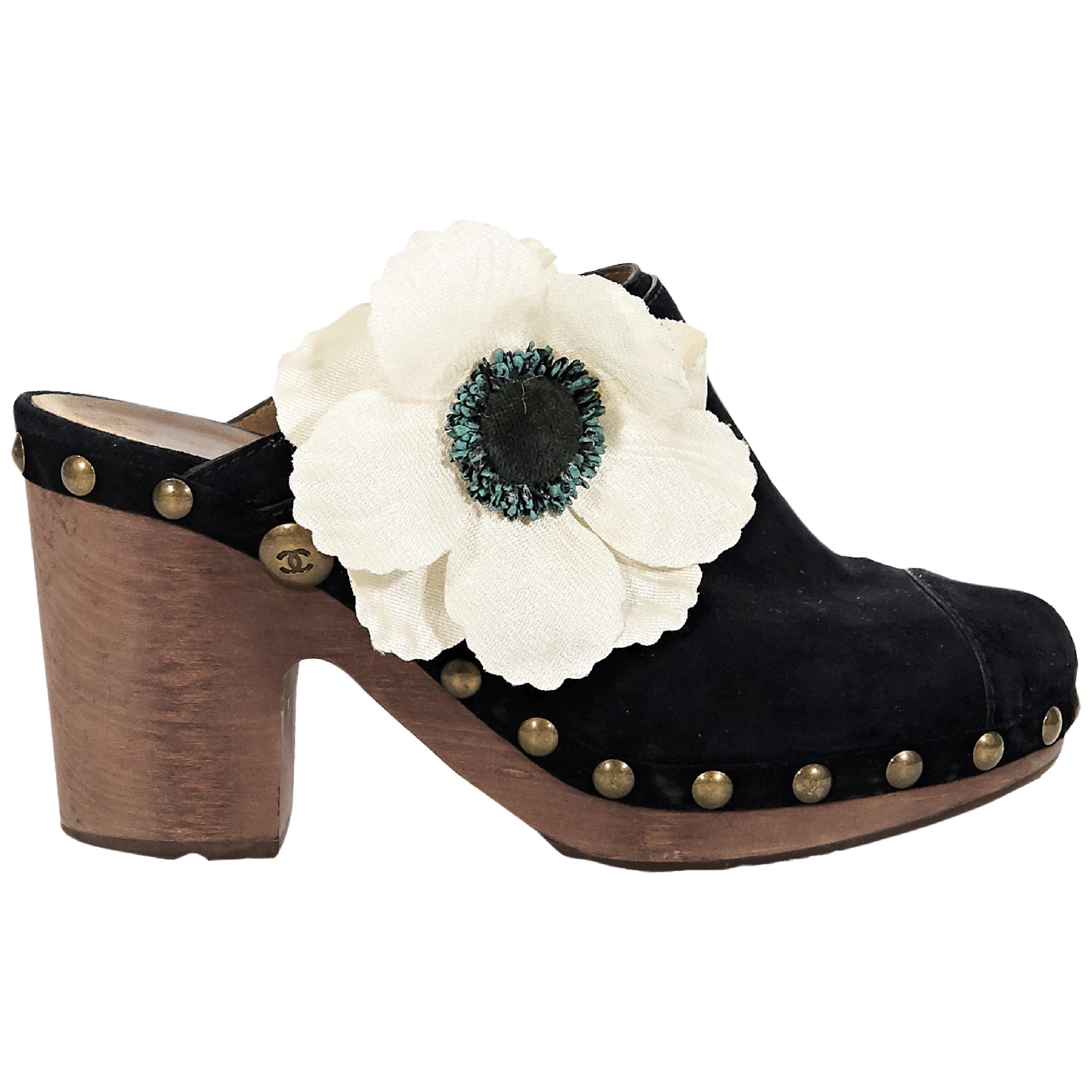 Black Chanel Suede Floral Clogs at 1stDibs