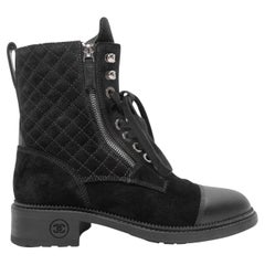 Black Chanel Suede & Leather Quilted Combat Boots Size 38.5