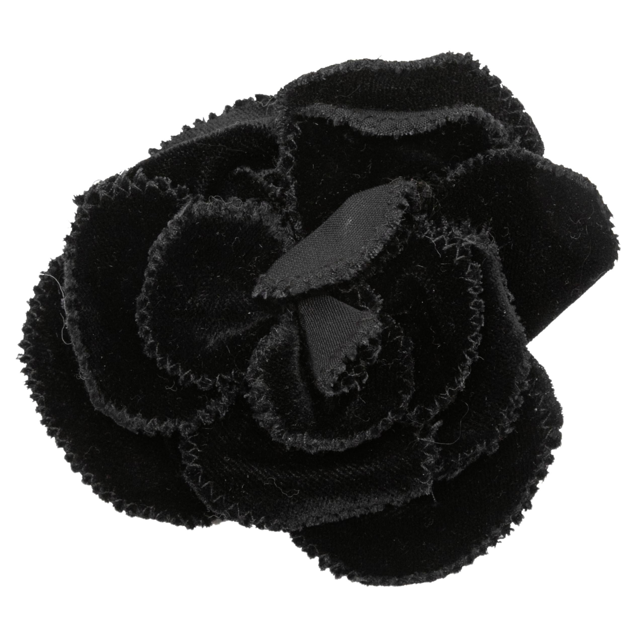 Black Chanel Velvet Camellia Lapel Pin For Sale