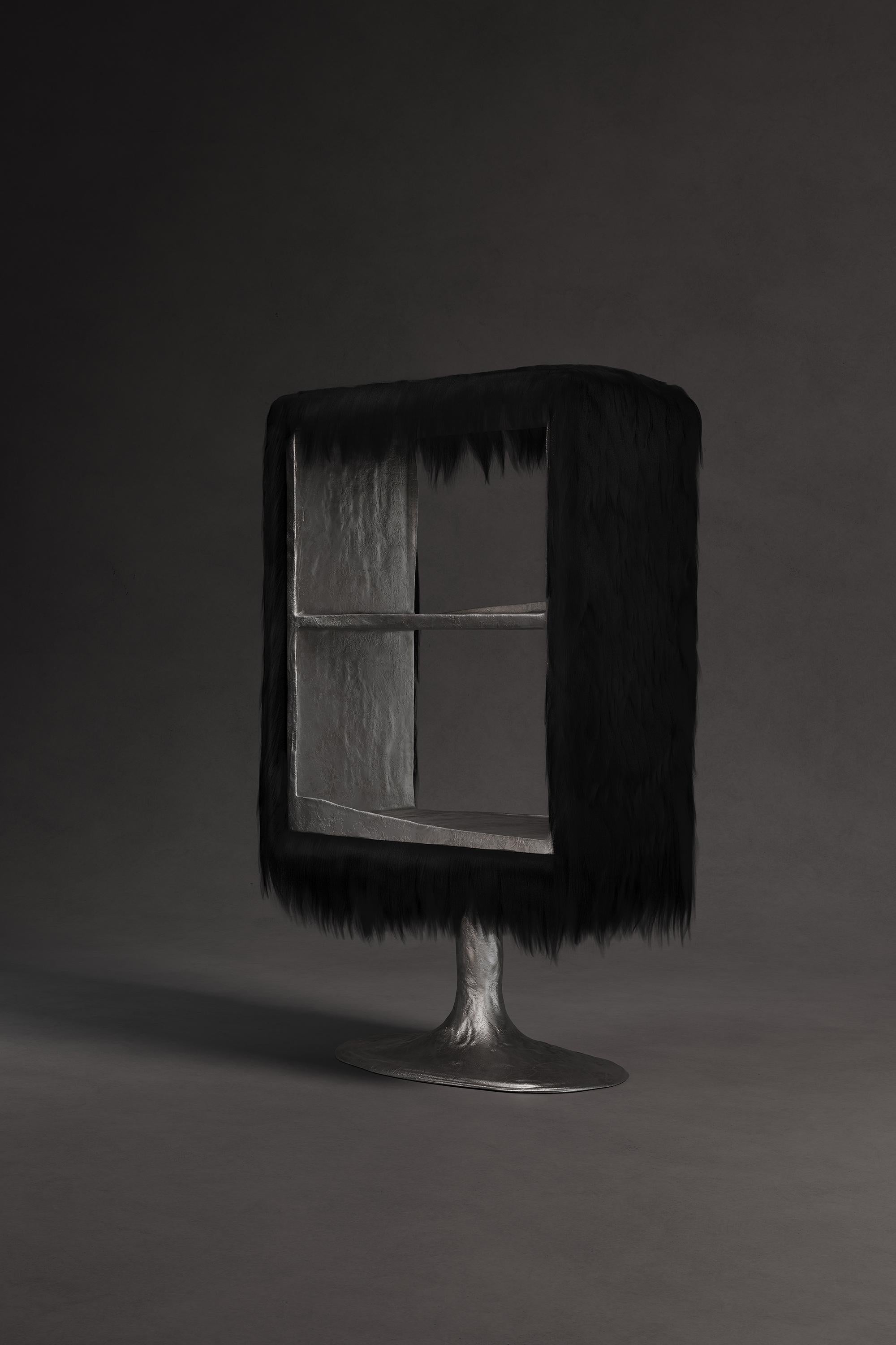 European Black Chaos Cabinet with Furry Goatskin offcuts & Cast Aluminium by Atelier V&F For Sale